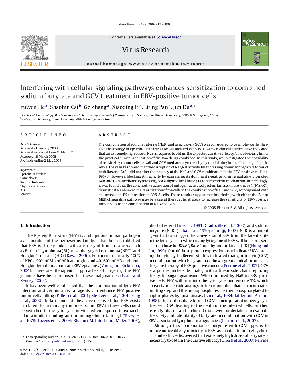 Interfering with cellular signaling pathways enhances sensitization to combined sodium butyrate and GCV treatment in EBV-positive tumor cells