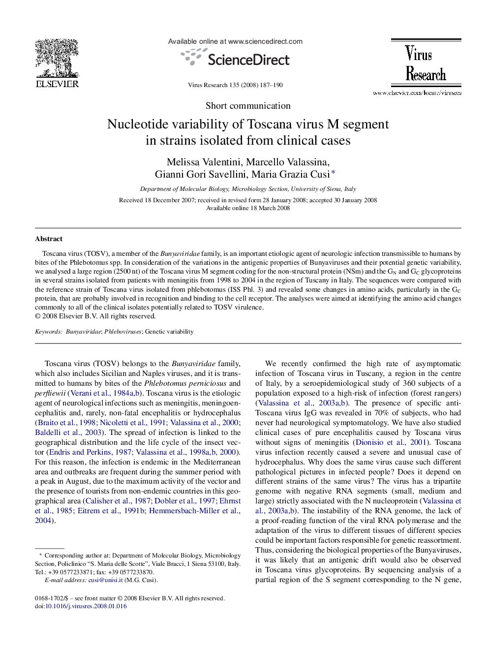 Nucleotide variability of Toscana virus M segment in strains isolated from clinical cases