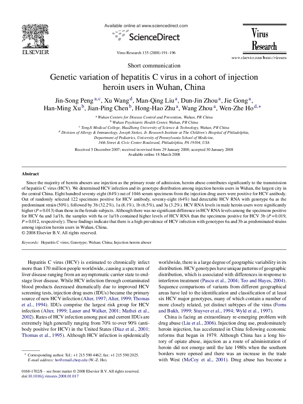 Genetic variation of hepatitis C virus in a cohort of injection heroin users in Wuhan, China