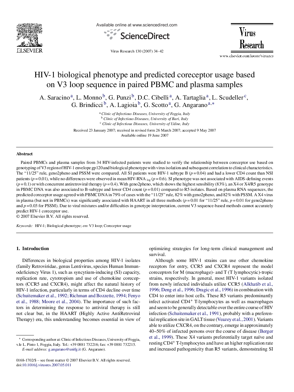 HIV-1 biological phenotype and predicted coreceptor usage based on V3 loop sequence in paired PBMC and plasma samples