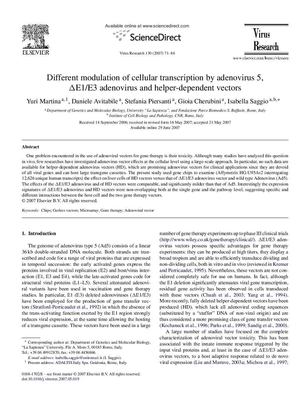 Different modulation of cellular transcription by adenovirus 5, ΔE1/E3 adenovirus and helper-dependent vectors