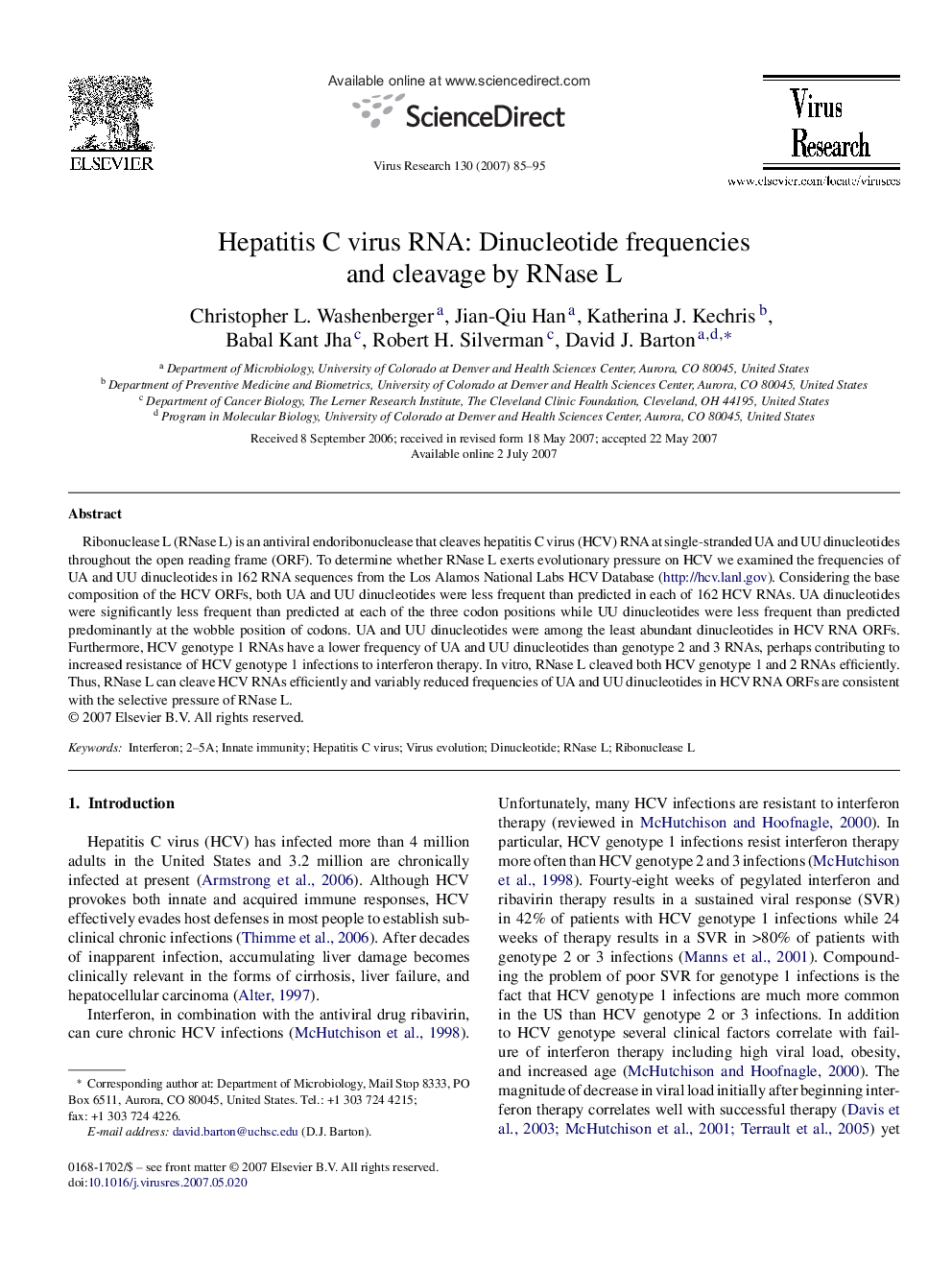 Hepatitis C virus RNA: Dinucleotide frequencies and cleavage by RNase L