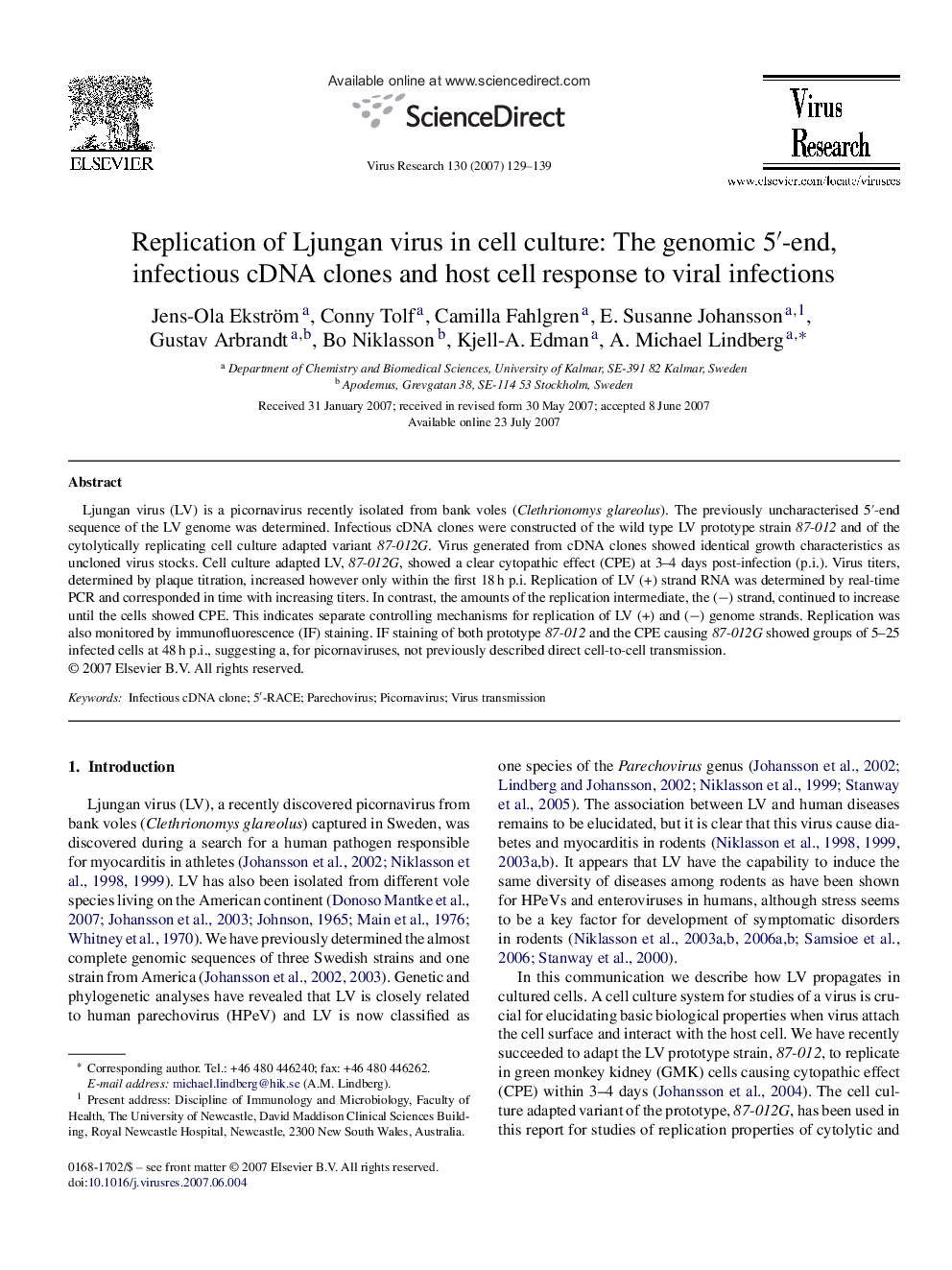 Replication of Ljungan virus in cell culture: The genomic 5′-end, infectious cDNA clones and host cell response to viral infections