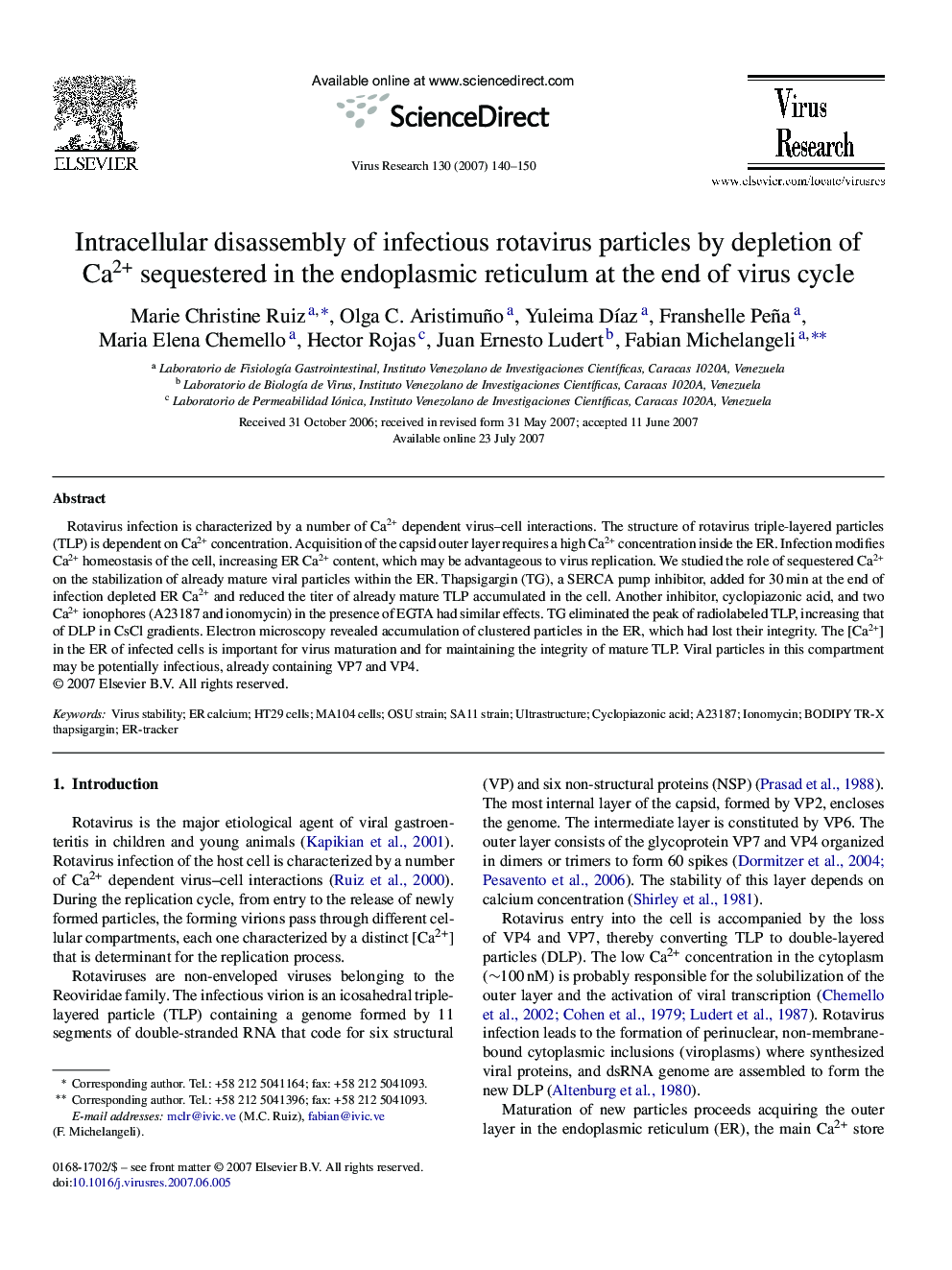 Intracellular disassembly of infectious rotavirus particles by depletion of Ca2+ sequestered in the endoplasmic reticulum at the end of virus cycle