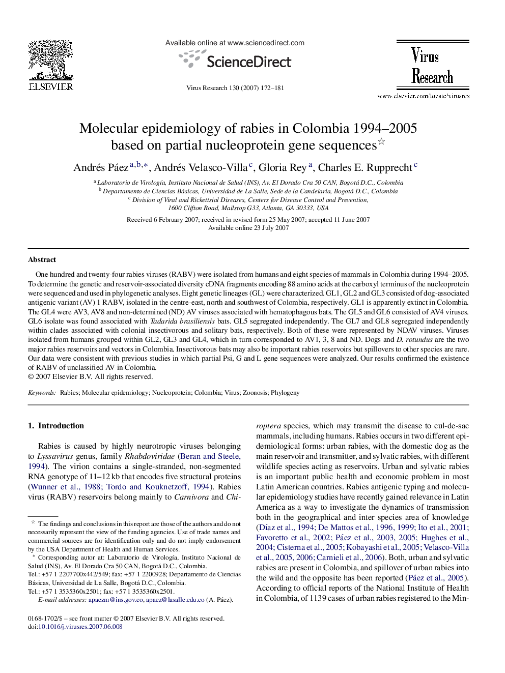 Molecular epidemiology of rabies in Colombia 1994–2005 based on partial nucleoprotein gene sequences 