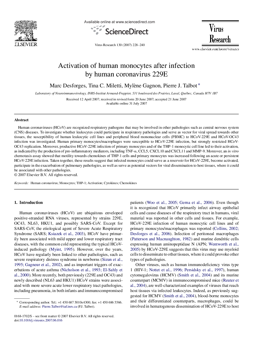 Activation of human monocytes after infection by human coronavirus 229E