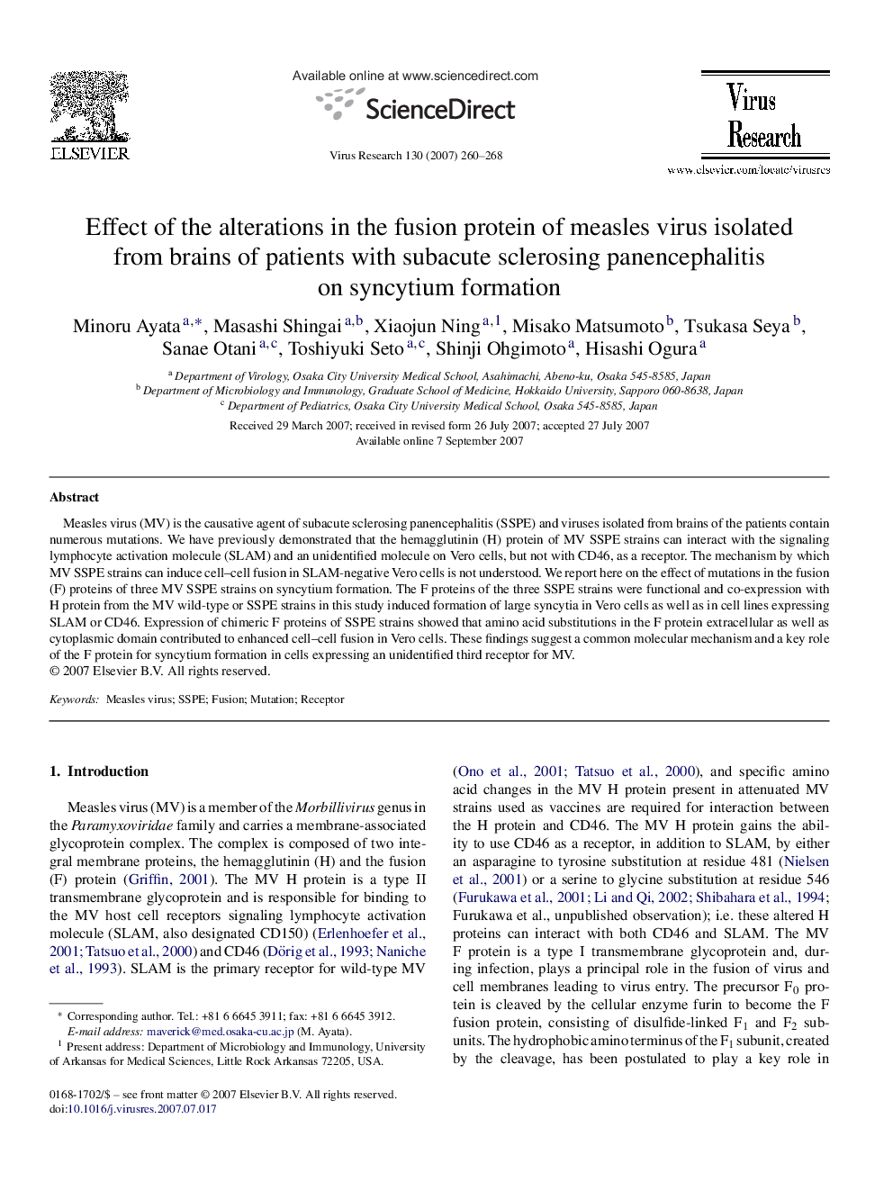 Effect of the alterations in the fusion protein of measles virus isolated from brains of patients with subacute sclerosing panencephalitis on syncytium formation