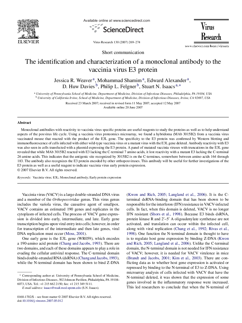 The identification and characterization of a monoclonal antibody to the vaccinia virus E3 protein