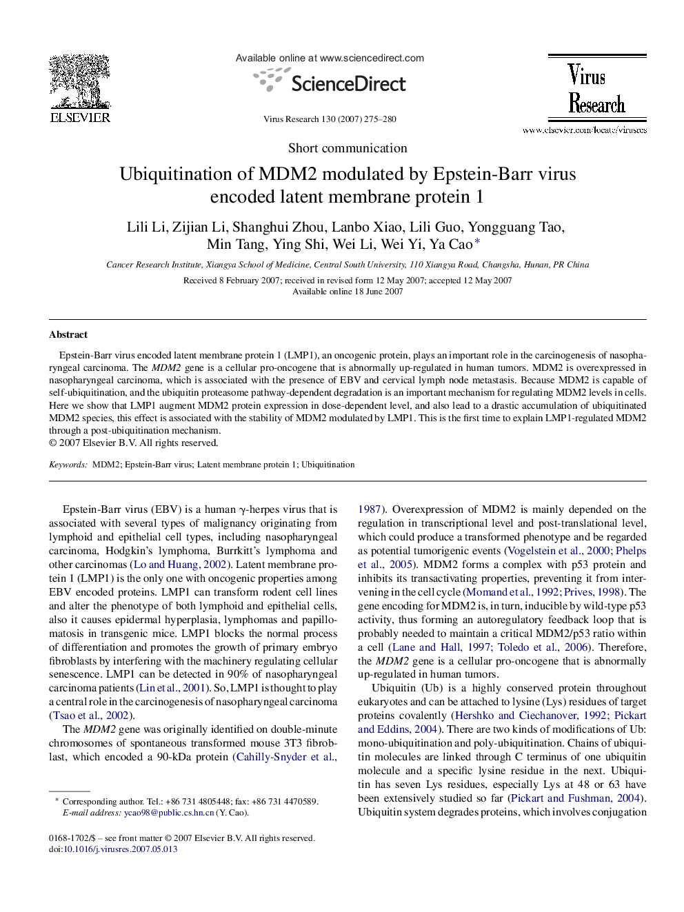 Ubiquitination of MDM2 modulated by Epstein-Barr virus encoded latent membrane protein 1