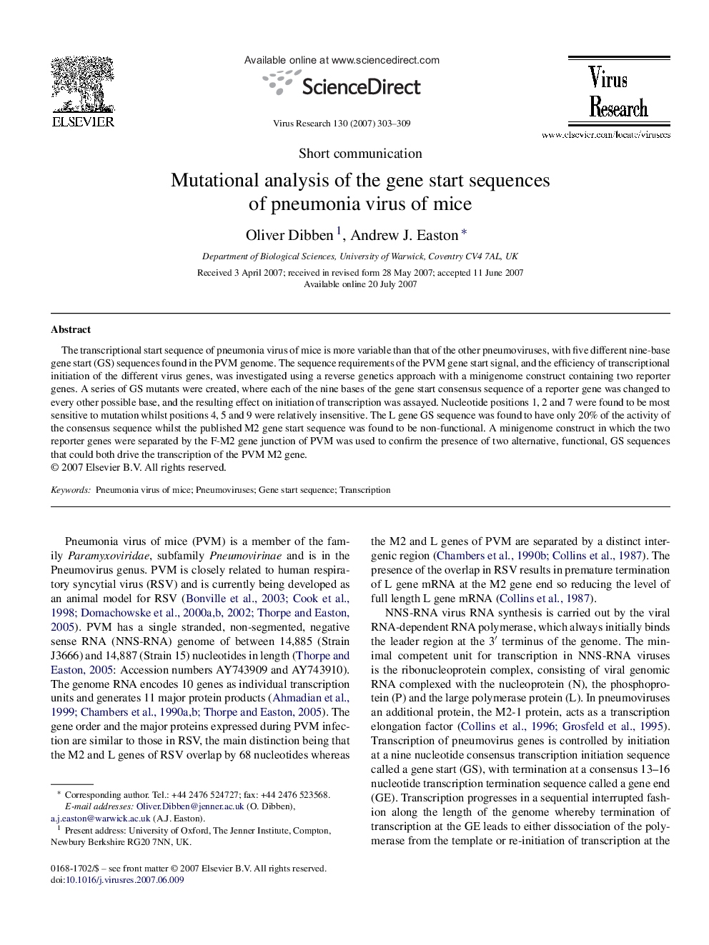 Mutational analysis of the gene start sequences of pneumonia virus of mice