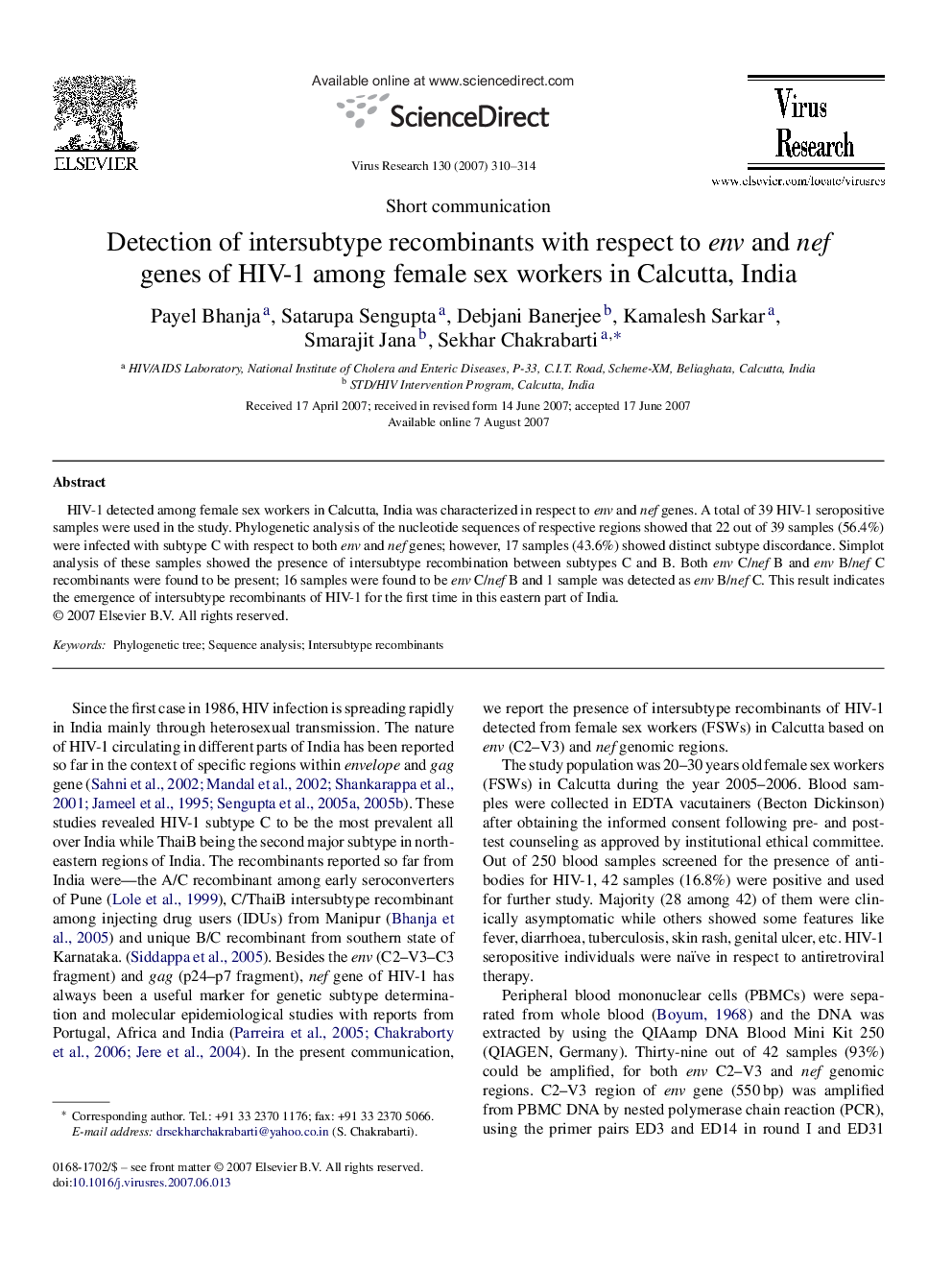 Detection of intersubtype recombinants with respect to env and nef genes of HIV-1 among female sex workers in Calcutta, India