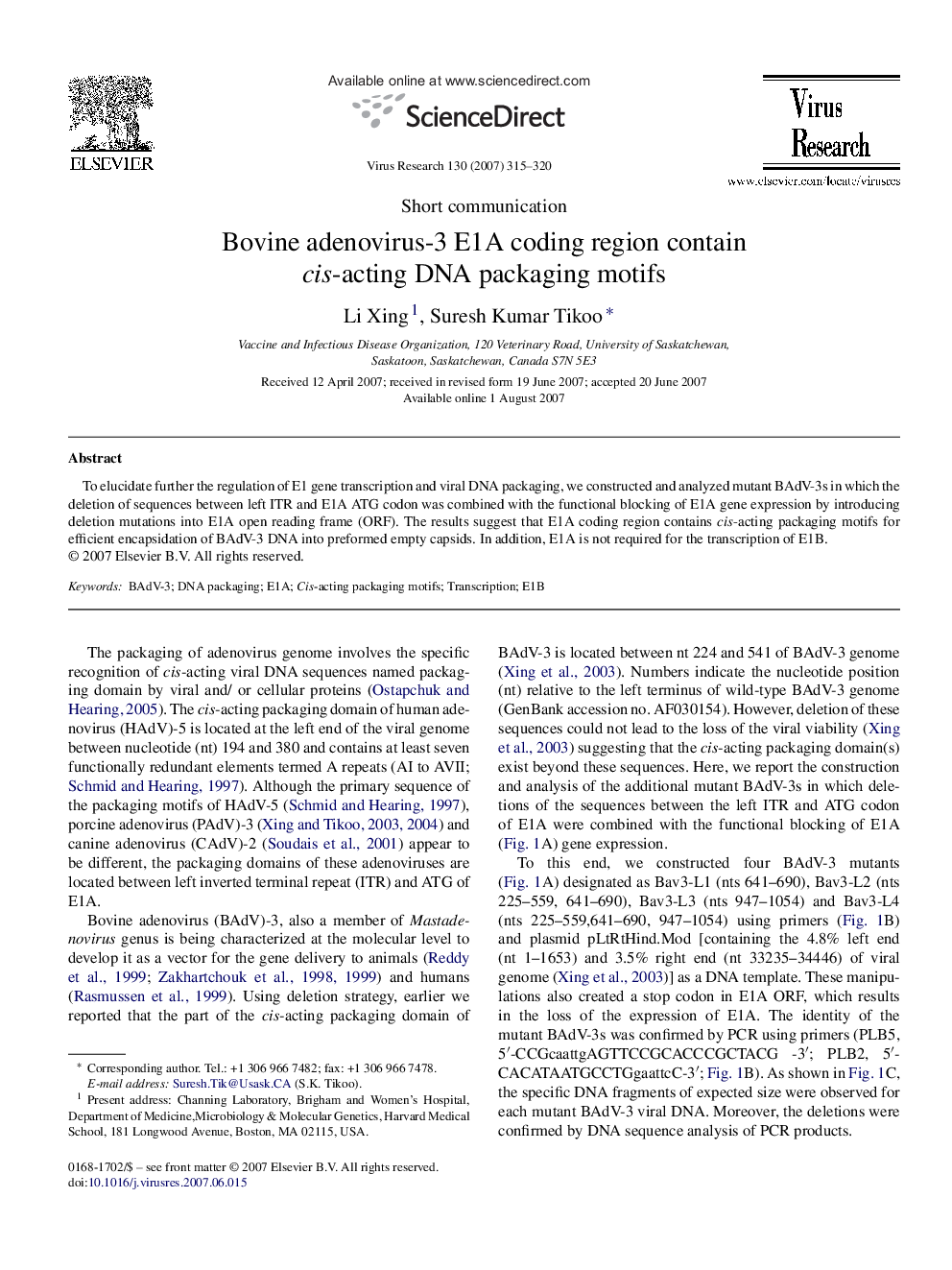 Bovine adenovirus-3 E1A coding region contain cis-acting DNA packaging motifs