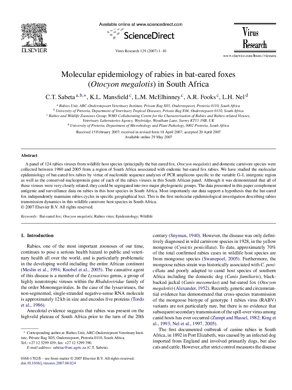 Molecular epidemiology of rabies in bat-eared foxes (Otocyon megalotis) in South Africa