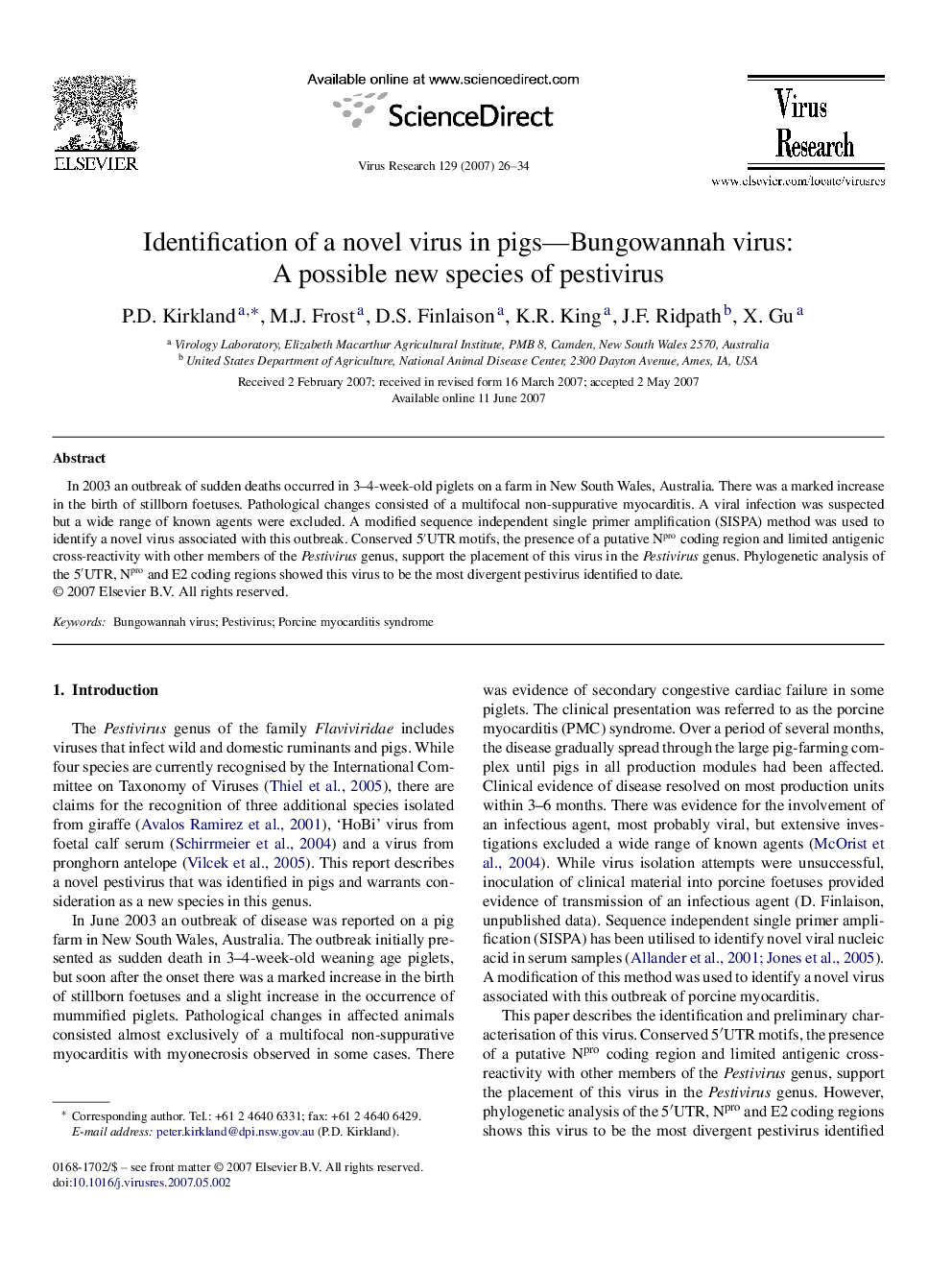 Identification of a novel virus in pigs—Bungowannah virus: A possible new species of pestivirus