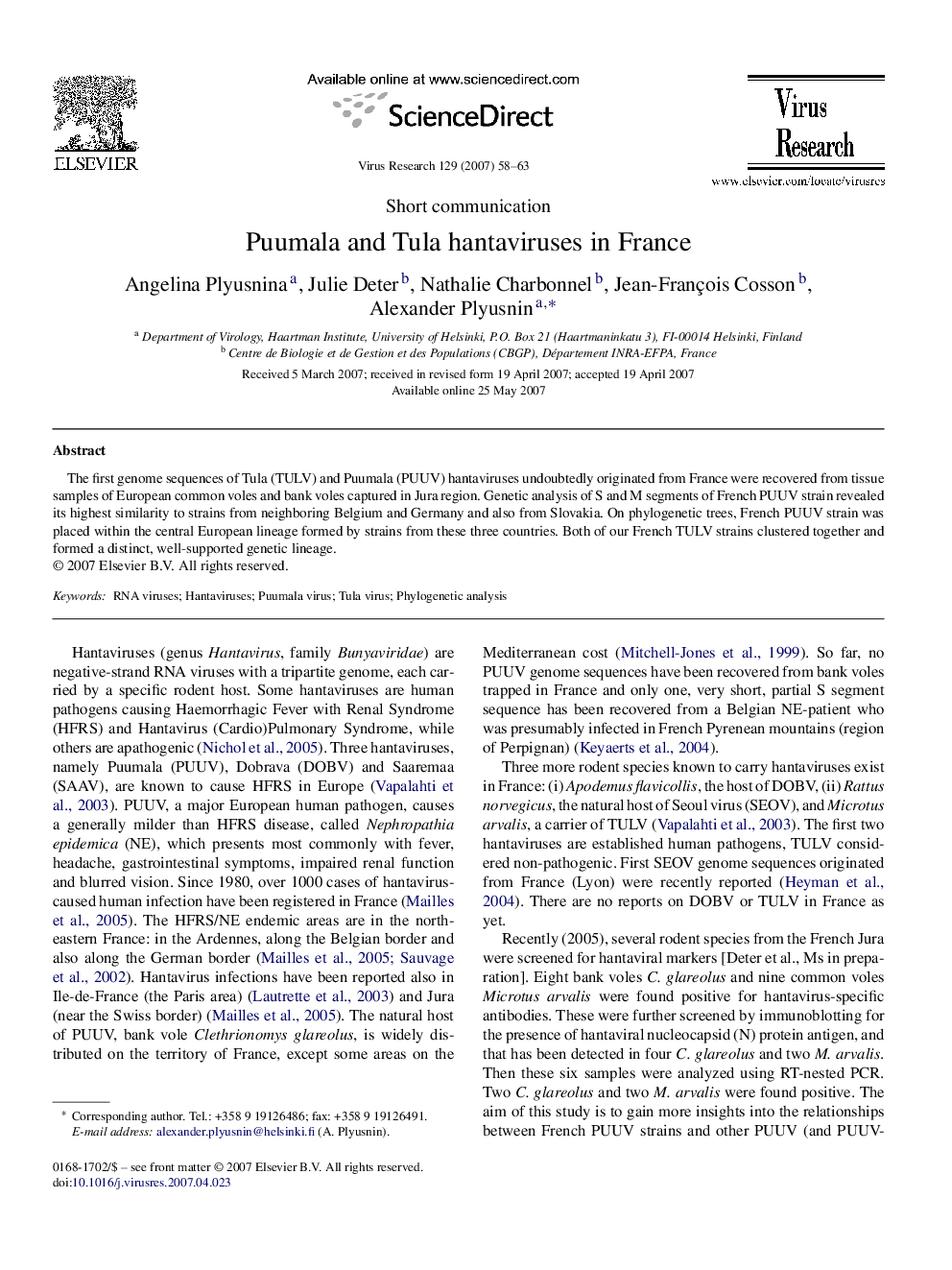 Puumala and Tula hantaviruses in France