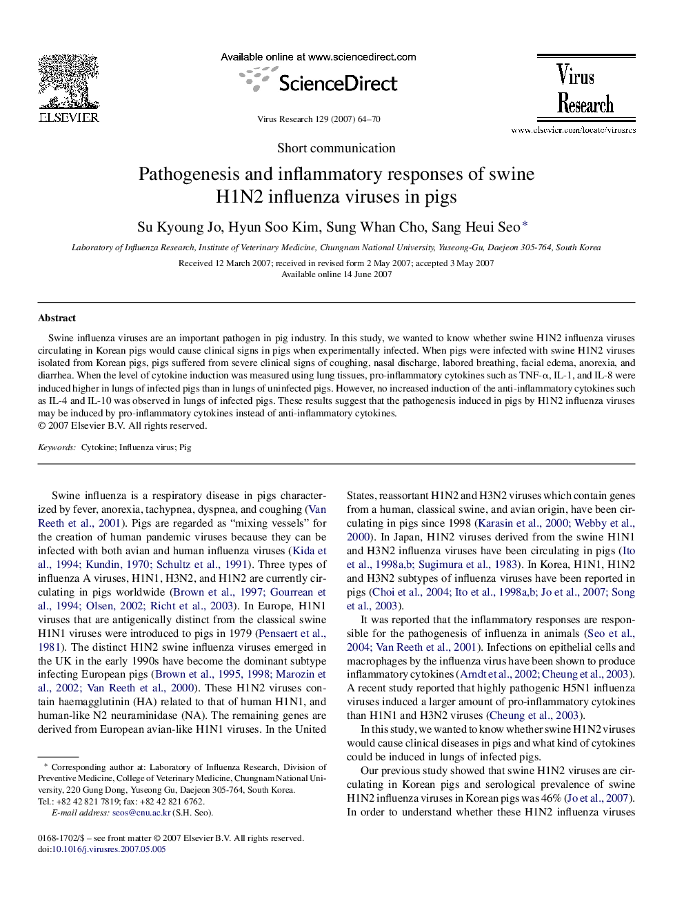 Pathogenesis and inflammatory responses of swine H1N2 influenza viruses in pigs