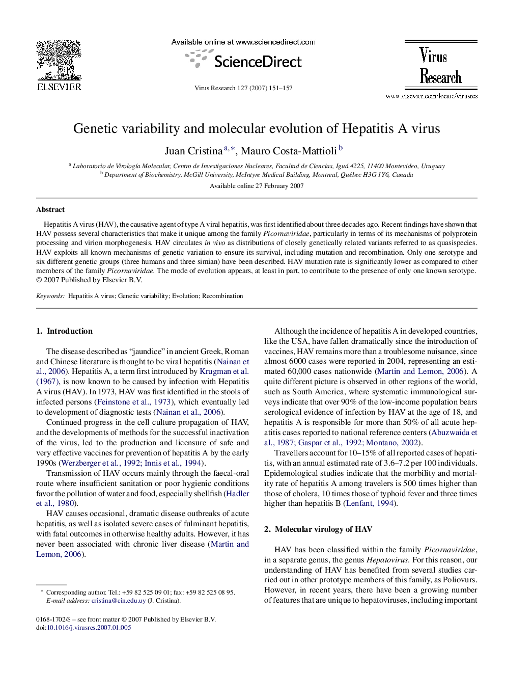 Genetic variability and molecular evolution of Hepatitis A virus