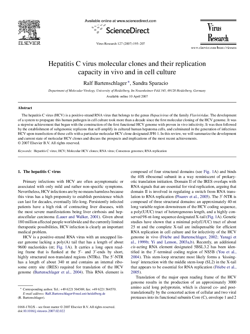 Hepatitis C virus molecular clones and their replication capacity in vivo and in cell culture