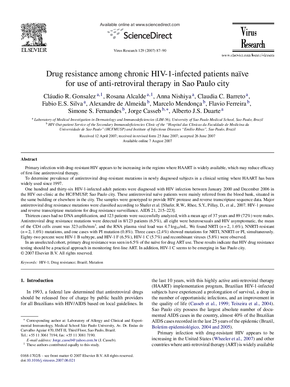 Drug resistance among chronic HIV-1-infected patients naïve for use of anti-retroviral therapy in Sao Paulo city