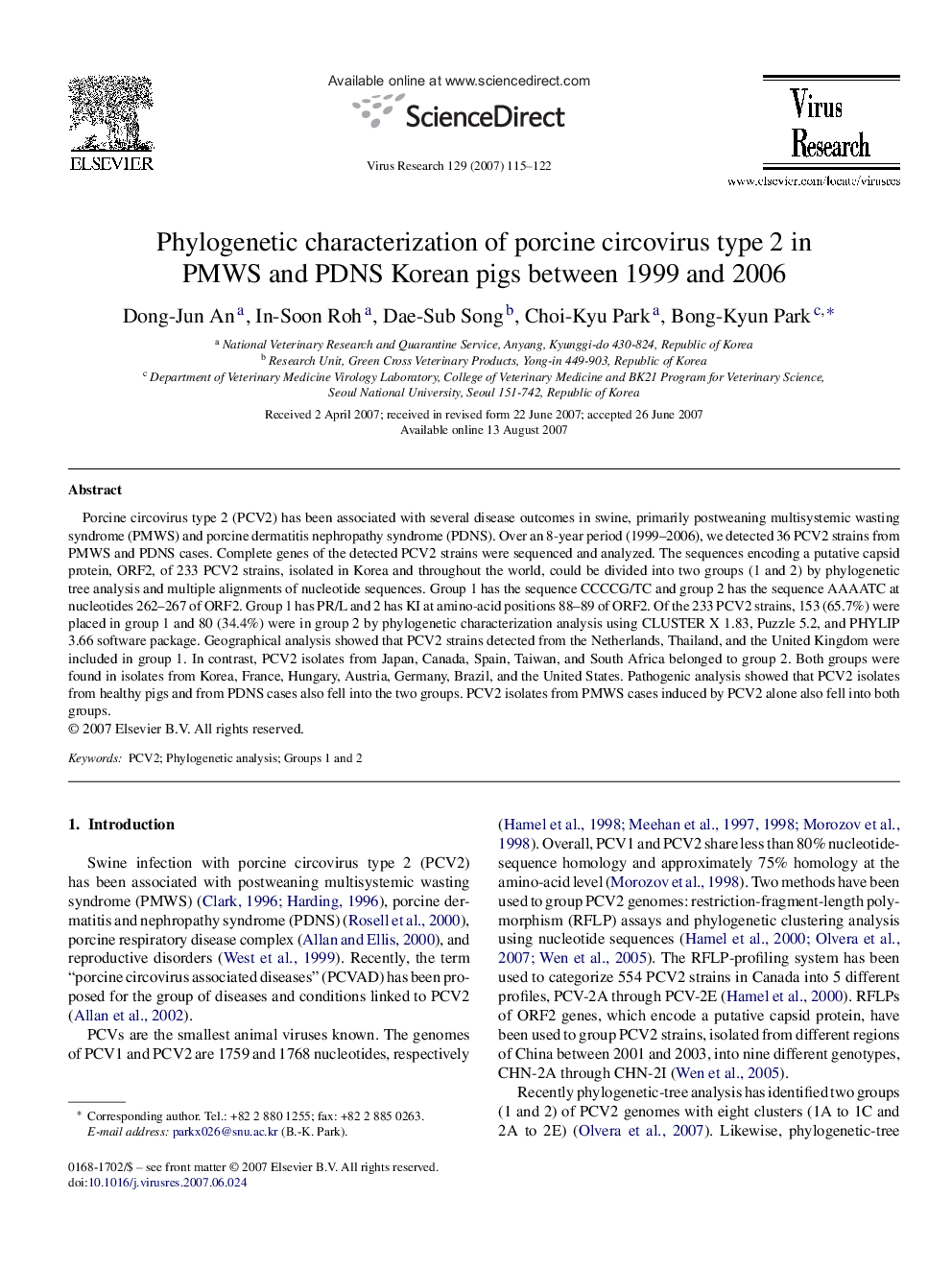 Phylogenetic characterization of porcine circovirus type 2 in PMWS and PDNS Korean pigs between 1999 and 2006