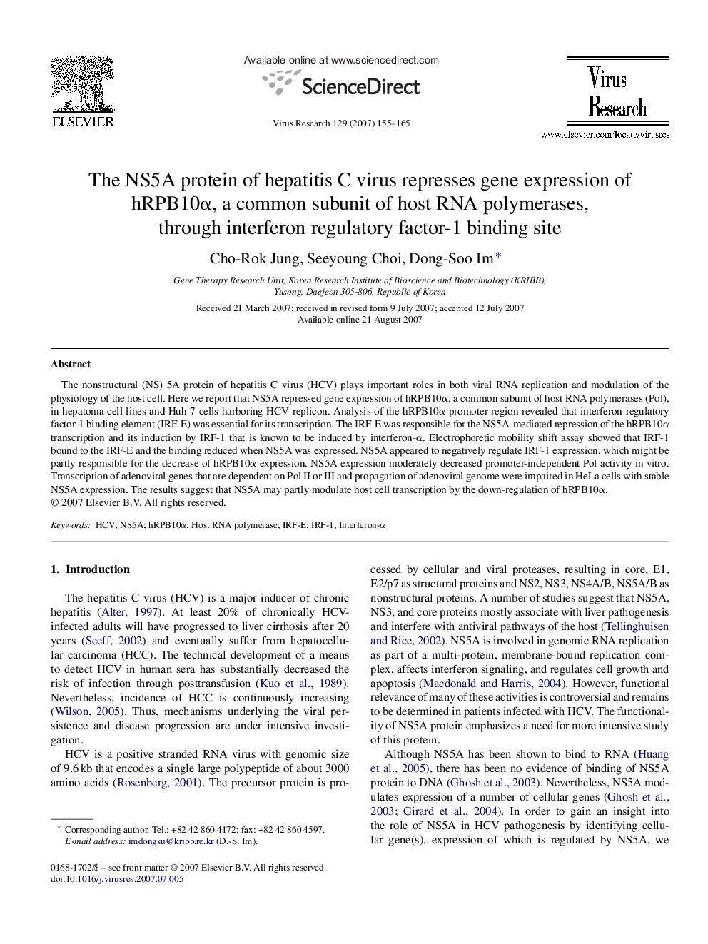 The NS5A protein of hepatitis C virus represses gene expression of hRPB10α, a common subunit of host RNA polymerases, through interferon regulatory factor-1 binding site