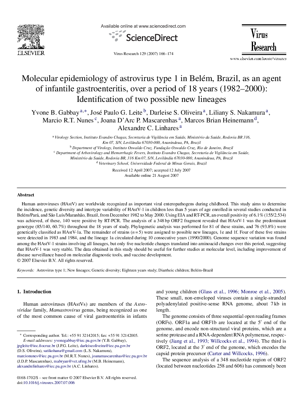 Molecular epidemiology of astrovirus type 1 in Belém, Brazil, as an agent of infantile gastroenteritis, over a period of 18 years (1982–2000): Identification of two possible new lineages