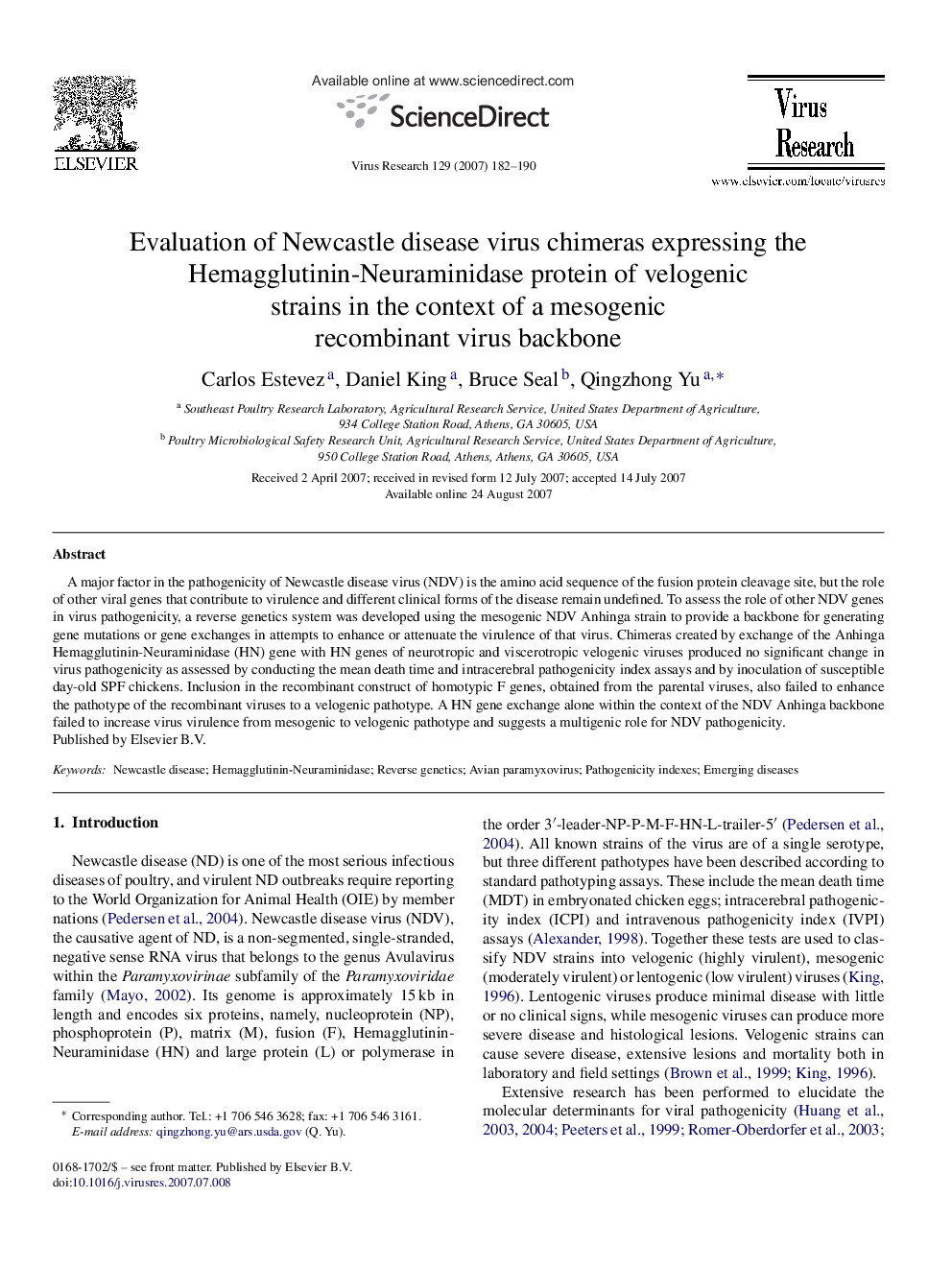 Evaluation of Newcastle disease virus chimeras expressing the Hemagglutinin-Neuraminidase protein of velogenic strains in the context of a mesogenic recombinant virus backbone