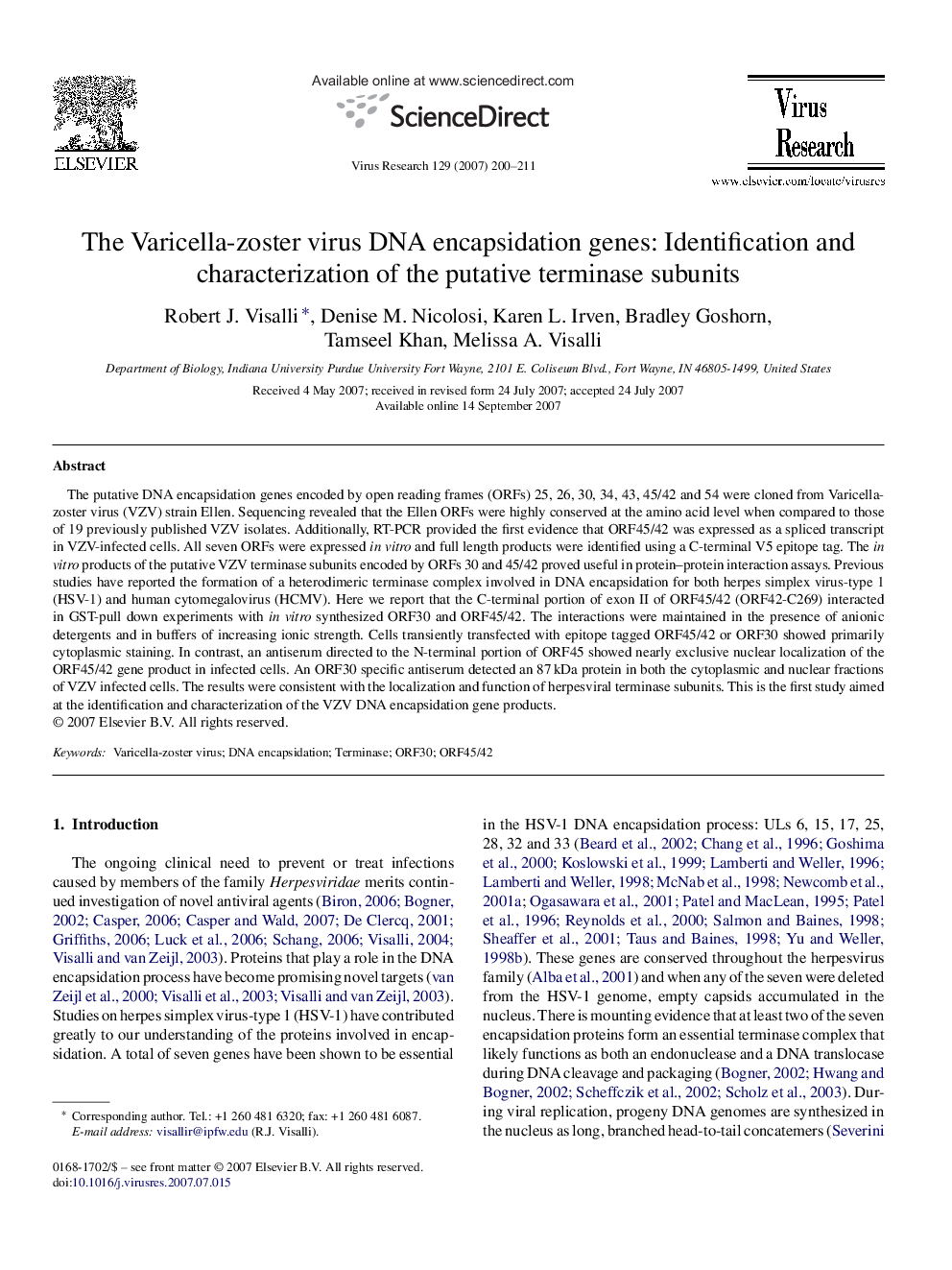 The Varicella-zoster virus DNA encapsidation genes: Identification and characterization of the putative terminase subunits