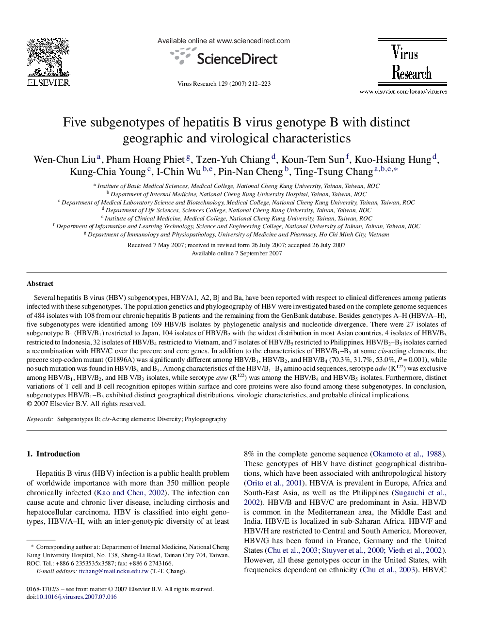 Five subgenotypes of hepatitis B virus genotype B with distinct geographic and virological characteristics