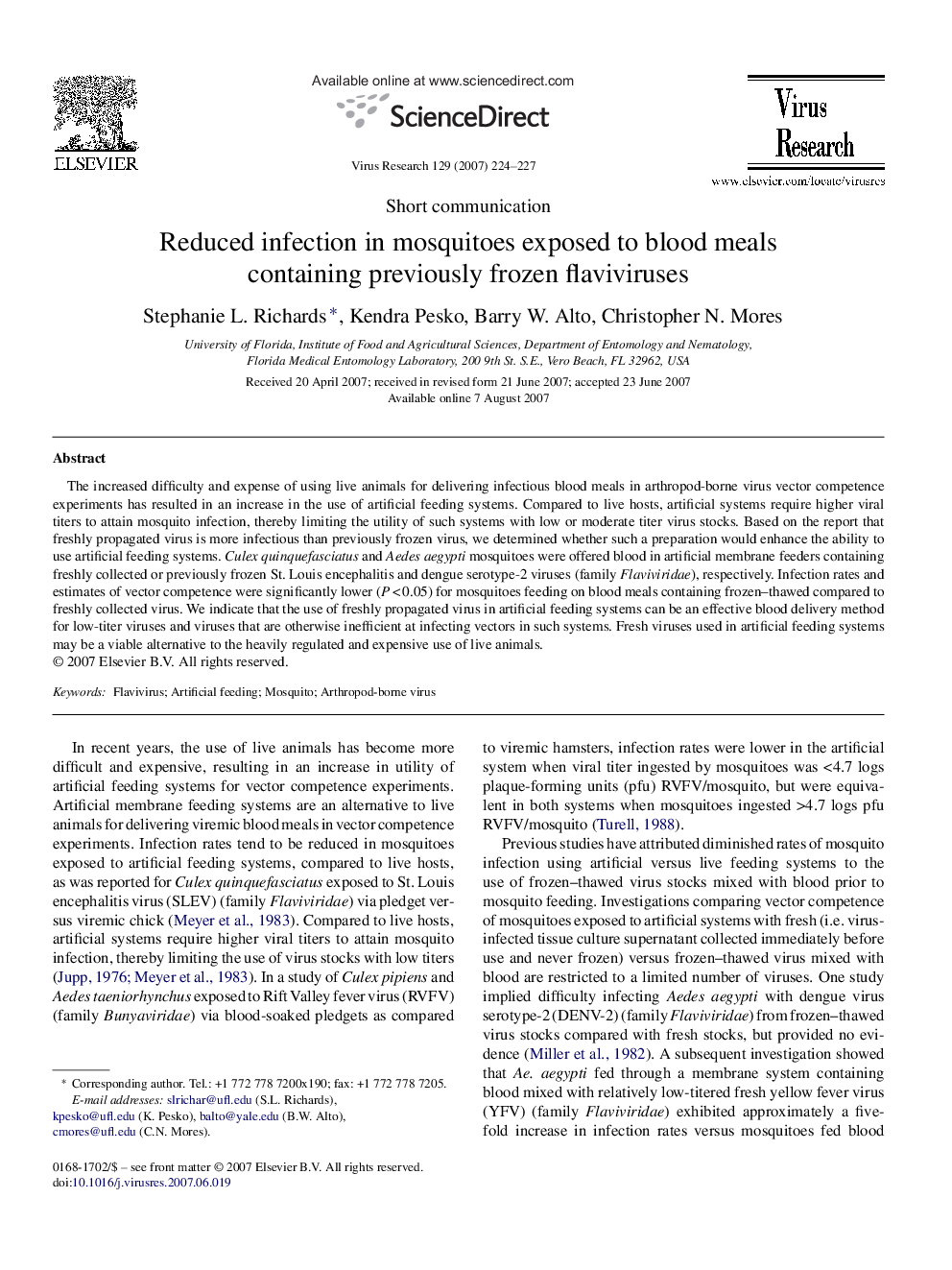 Reduced infection in mosquitoes exposed to blood meals containing previously frozen flaviviruses