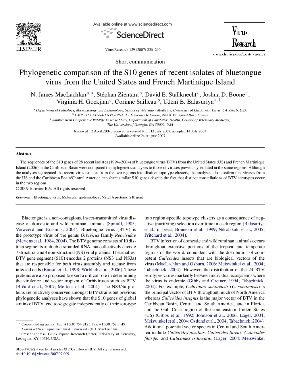 Phylogenetic comparison of the S10 genes of recent isolates of bluetongue virus from the United States and French Martinique Island