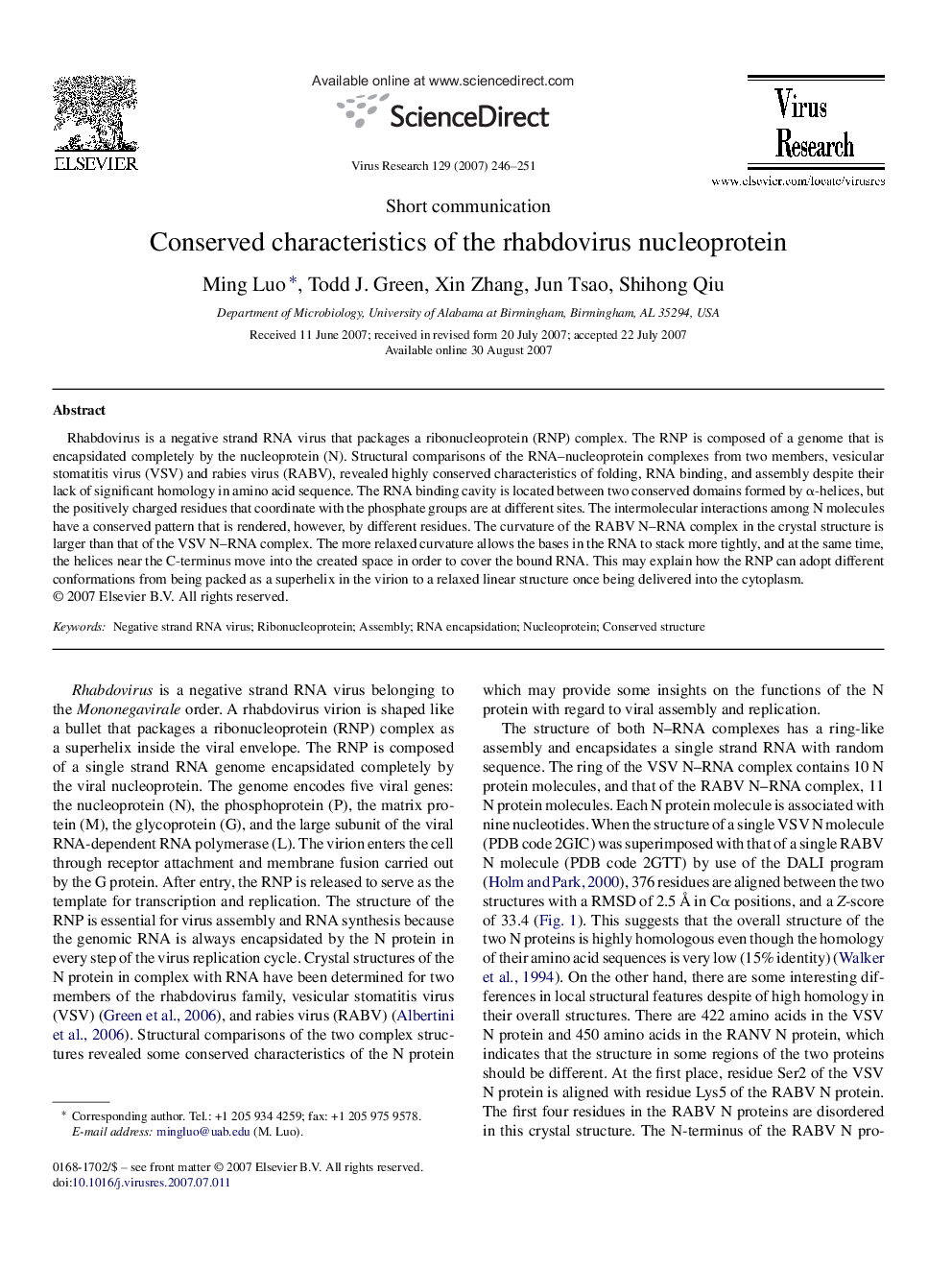 Conserved characteristics of the rhabdovirus nucleoprotein