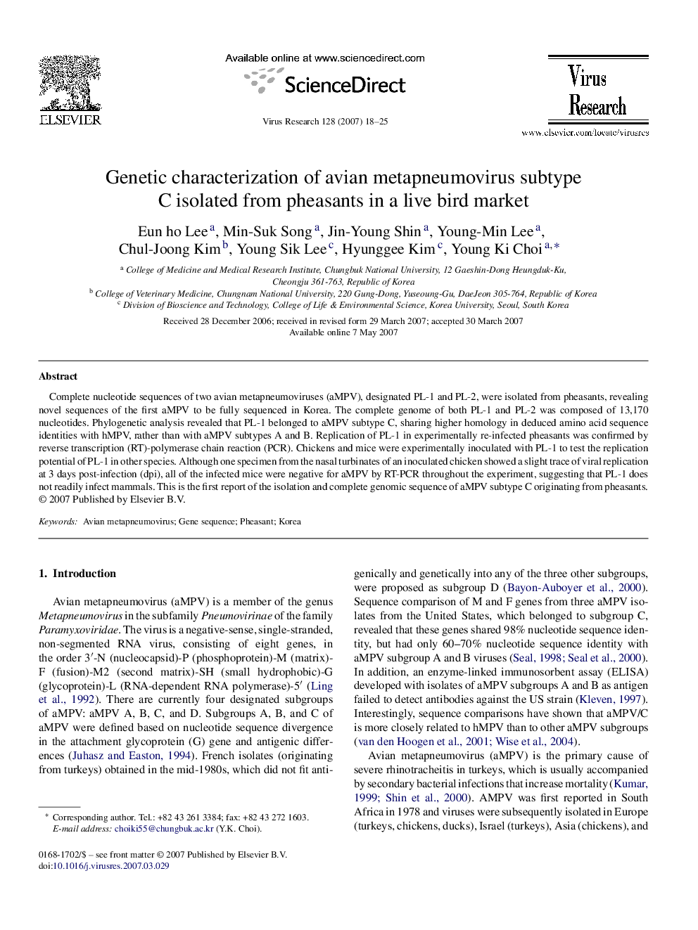 Genetic characterization of avian metapneumovirus subtype C isolated from pheasants in a live bird market