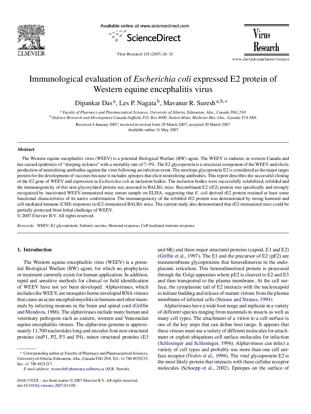 Immunological evaluation of Escherichia coli expressed E2 protein of Western equine encephalitis virus