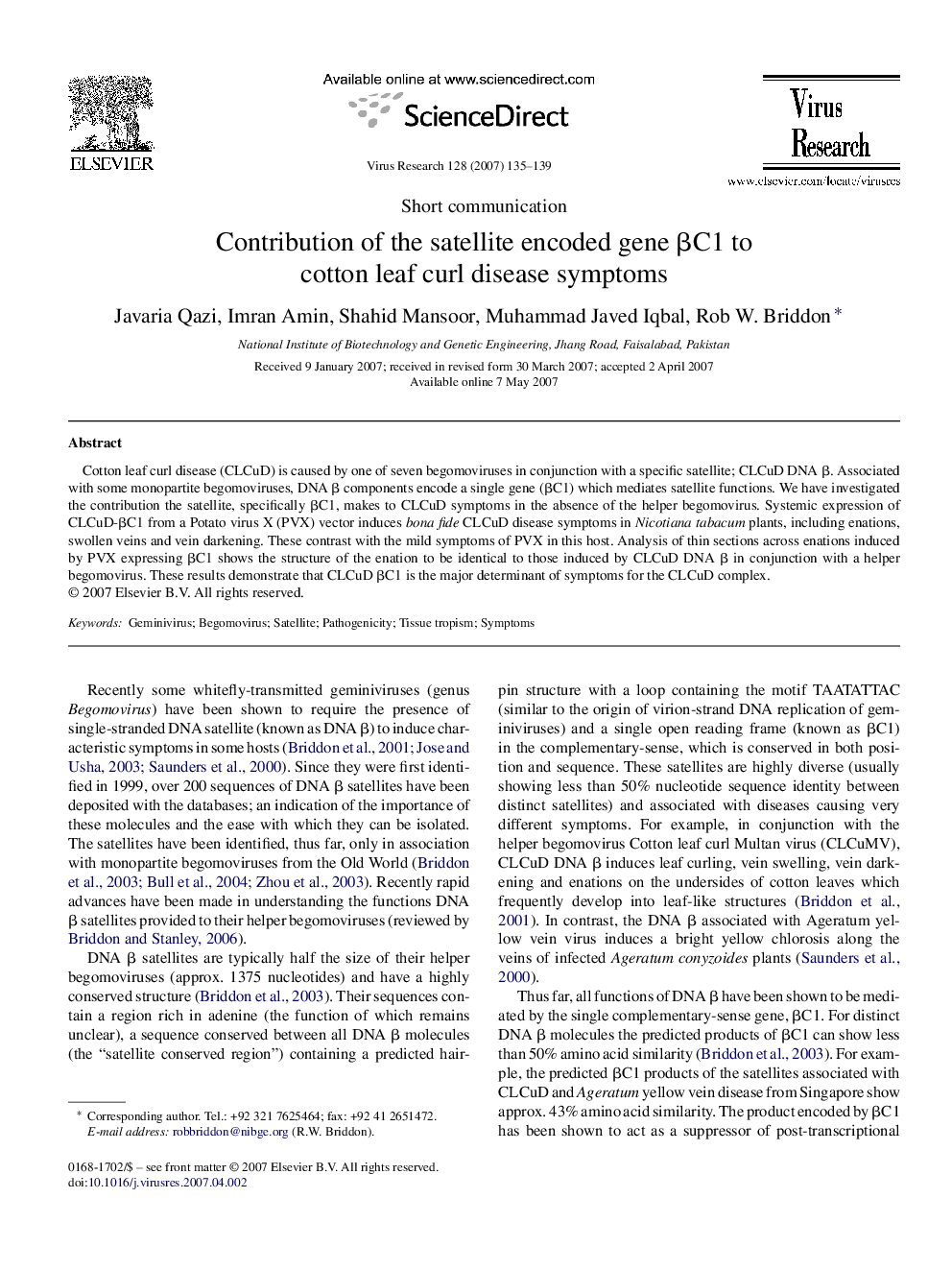 Contribution of the satellite encoded gene βC1 to cotton leaf curl disease symptoms