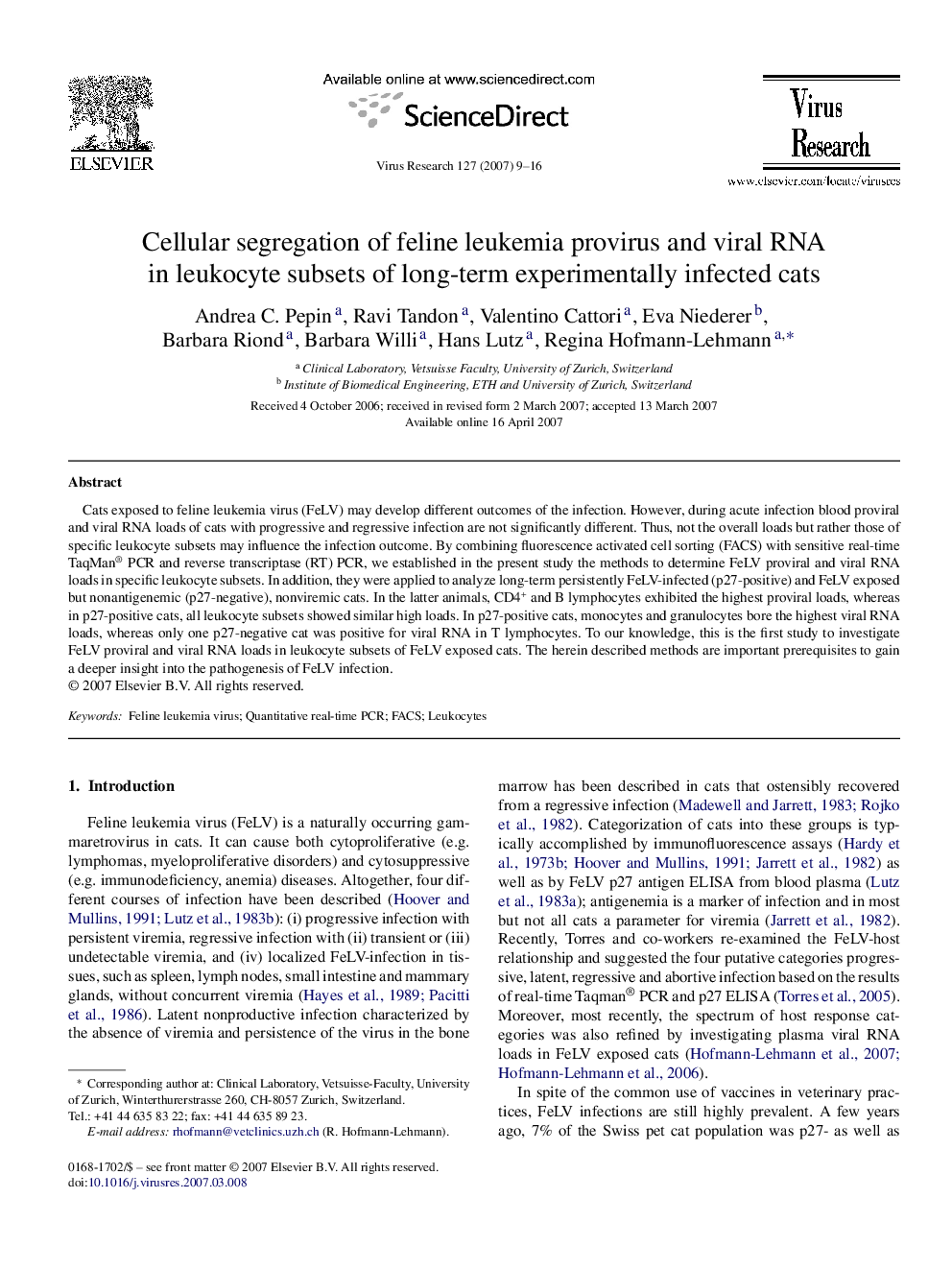 Cellular segregation of feline leukemia provirus and viral RNA in leukocyte subsets of long-term experimentally infected cats