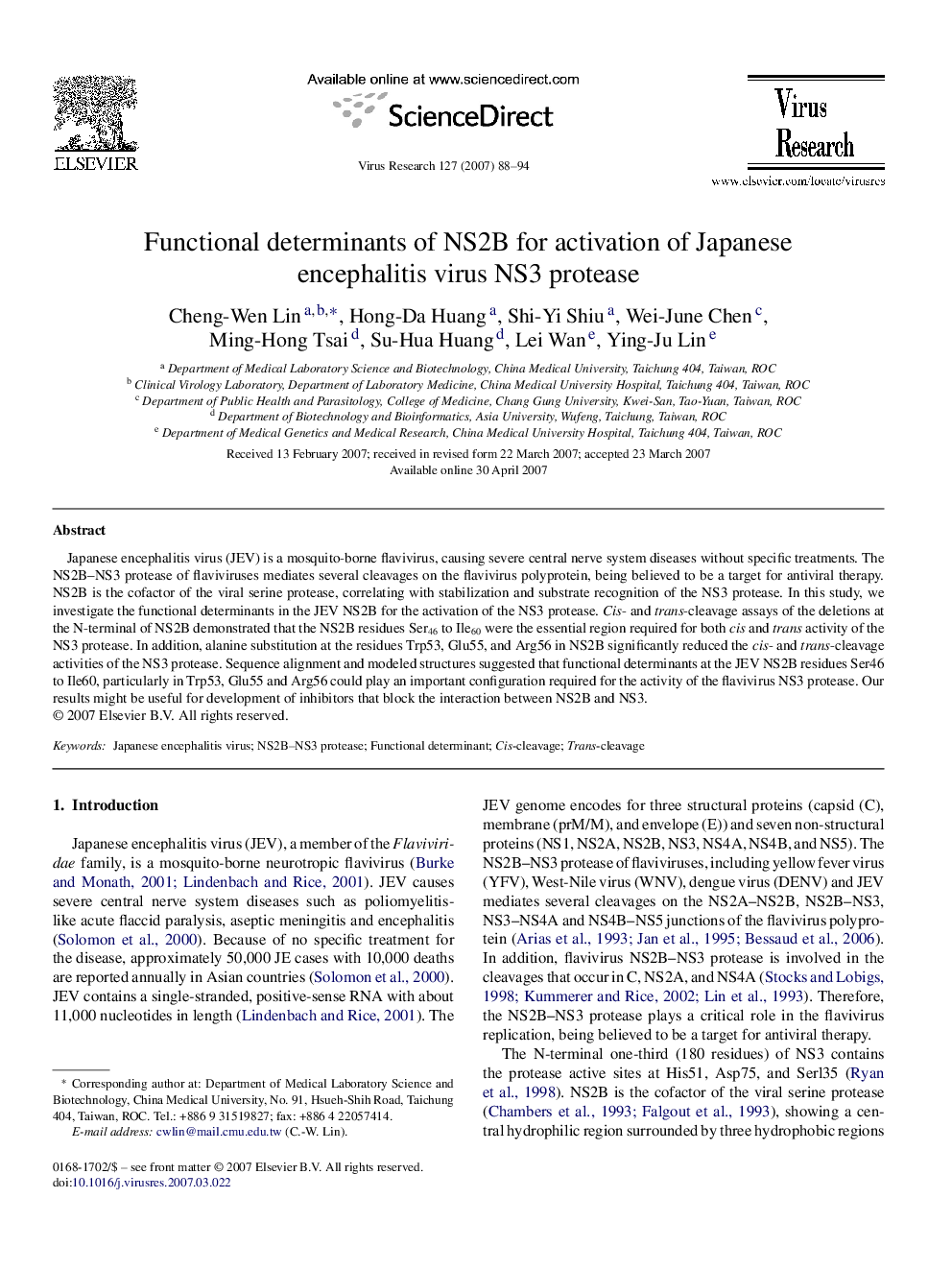 Functional determinants of NS2B for activation of Japanese encephalitis virus NS3 protease