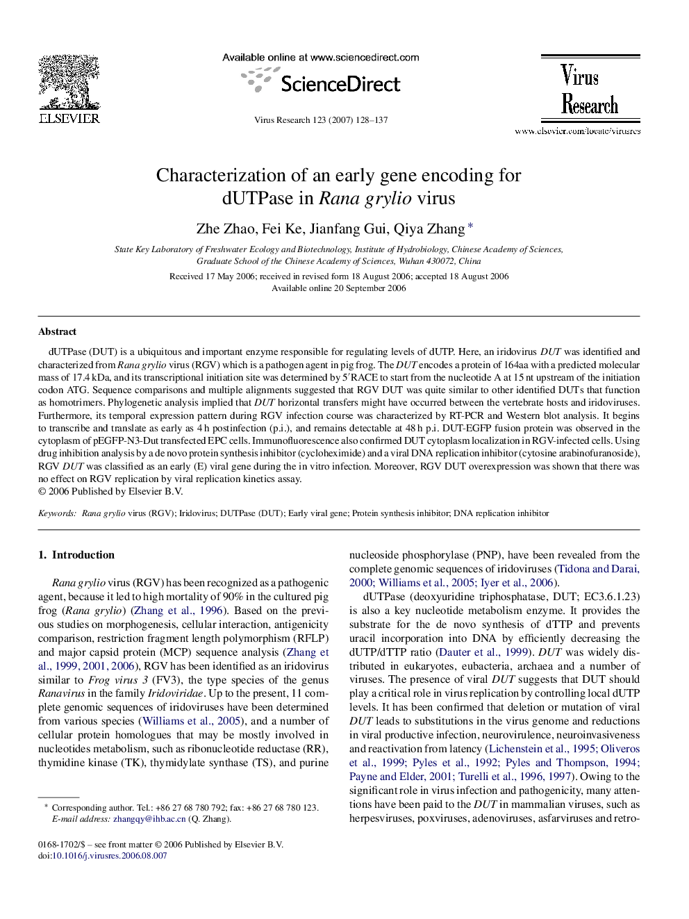 Characterization of an early gene encoding for dUTPase in Rana grylio virus