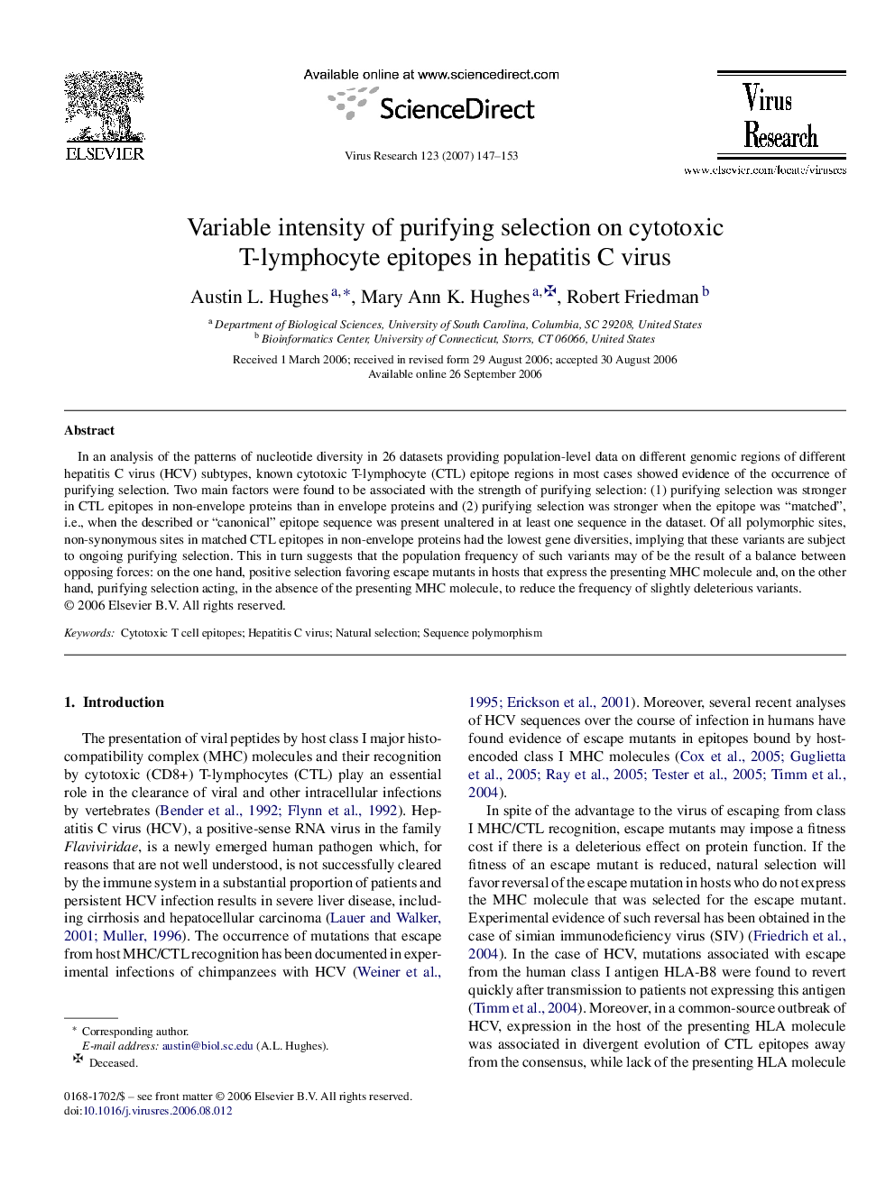 Variable intensity of purifying selection on cytotoxic T-lymphocyte epitopes in hepatitis C virus