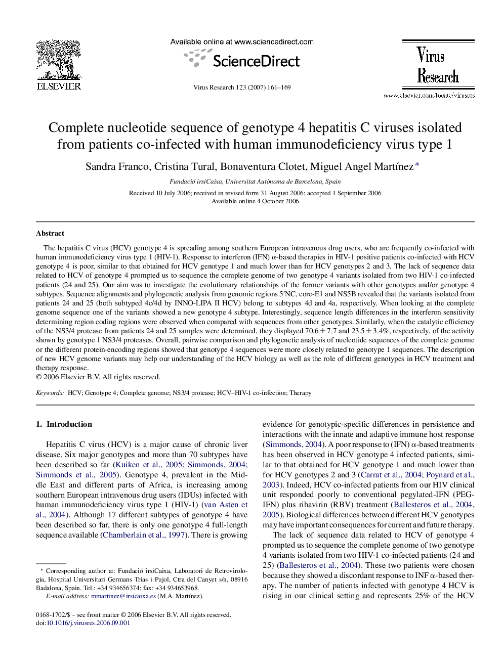 Complete nucleotide sequence of genotype 4 hepatitis C viruses isolated from patients co-infected with human immunodeficiency virus type 1