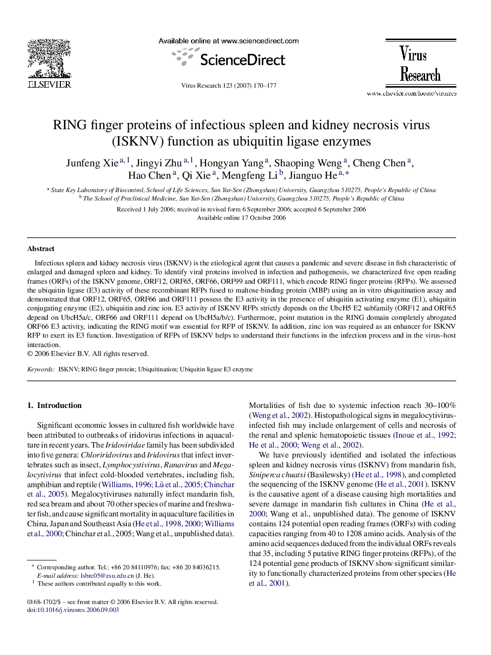 RING finger proteins of infectious spleen and kidney necrosis virus (ISKNV) function as ubiquitin ligase enzymes