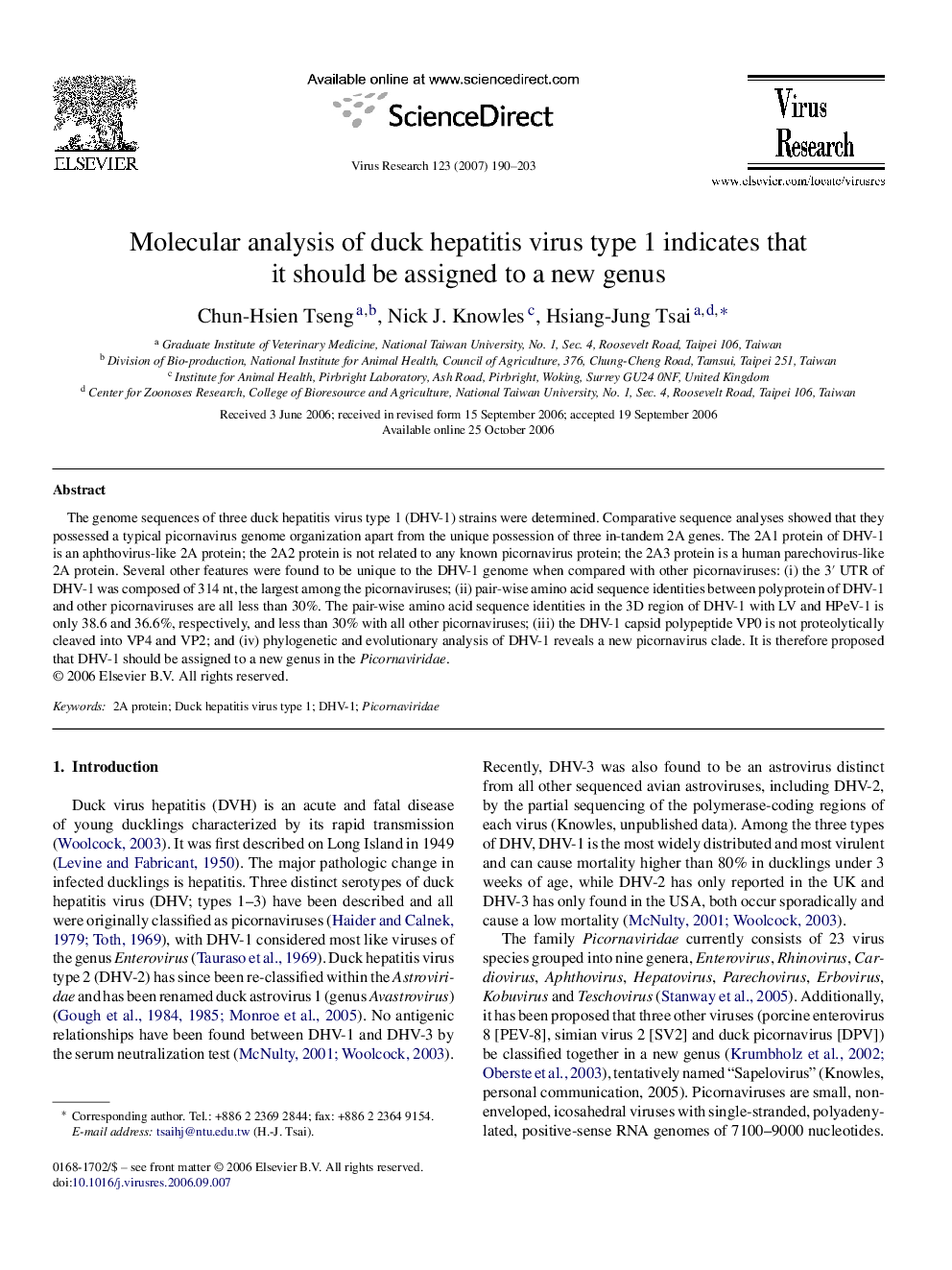 Molecular analysis of duck hepatitis virus type 1 indicates that it should be assigned to a new genus