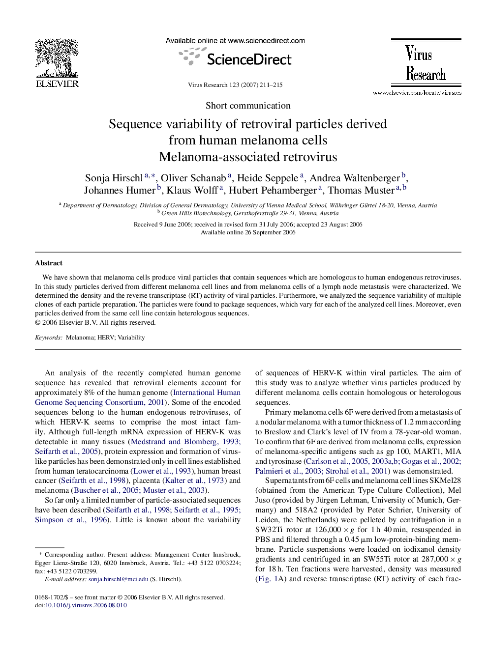 Sequence variability of retroviral particles derived from human melanoma cells: Melanoma-associated retrovirus