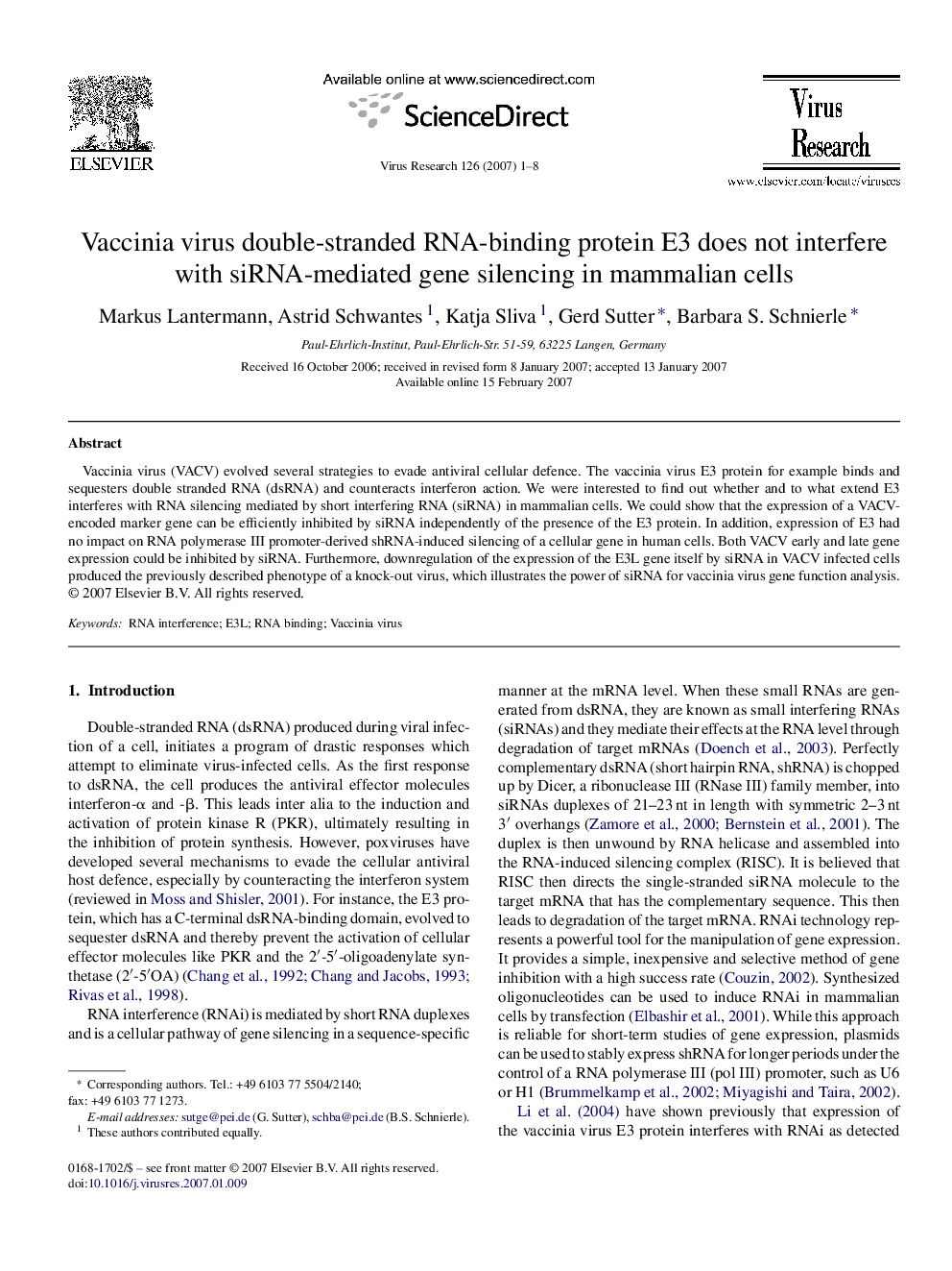 Vaccinia virus double-stranded RNA-binding protein E3 does not interfere with siRNA-mediated gene silencing in mammalian cells