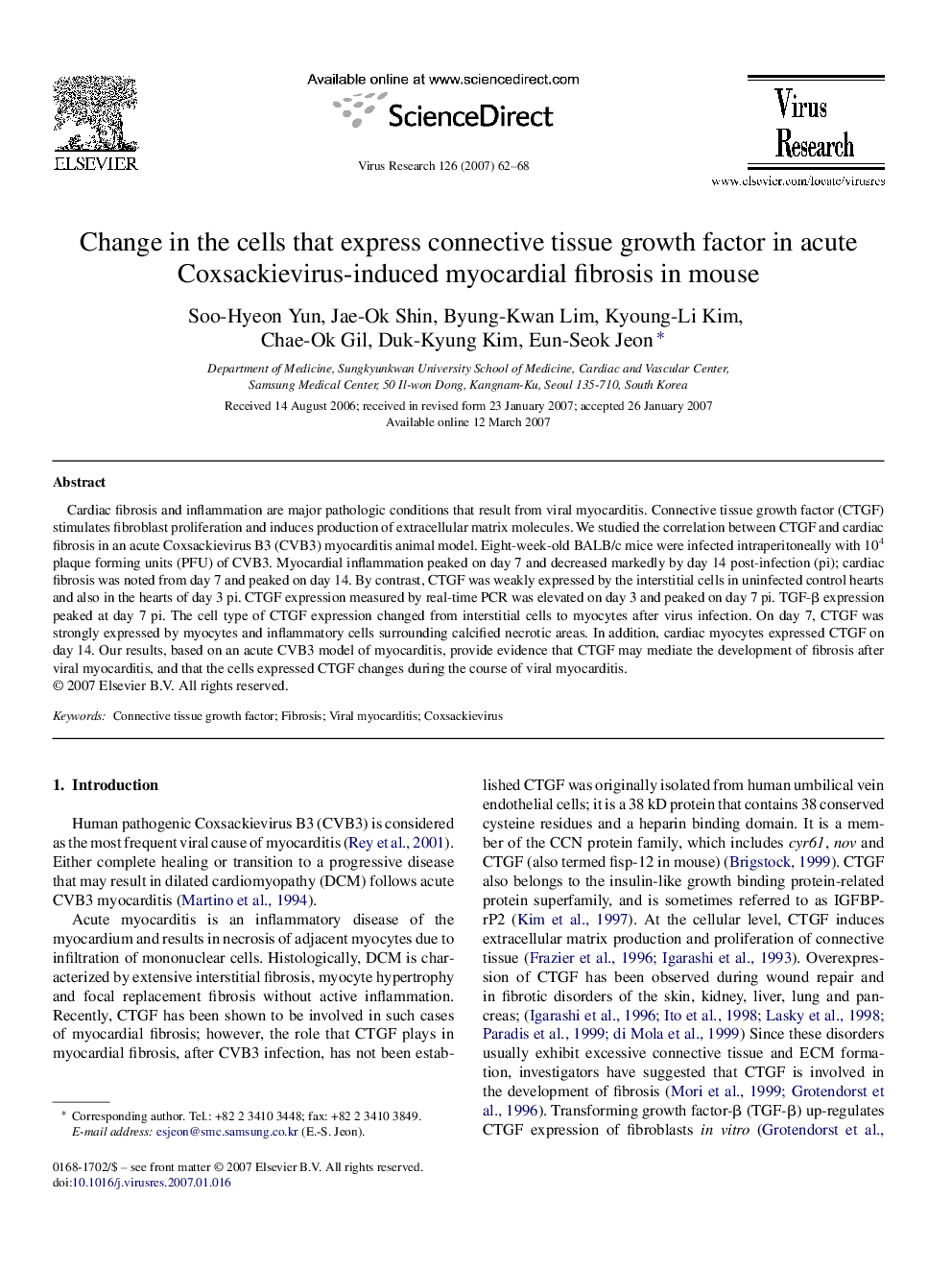 Change in the cells that express connective tissue growth factor in acute Coxsackievirus-induced myocardial fibrosis in mouse