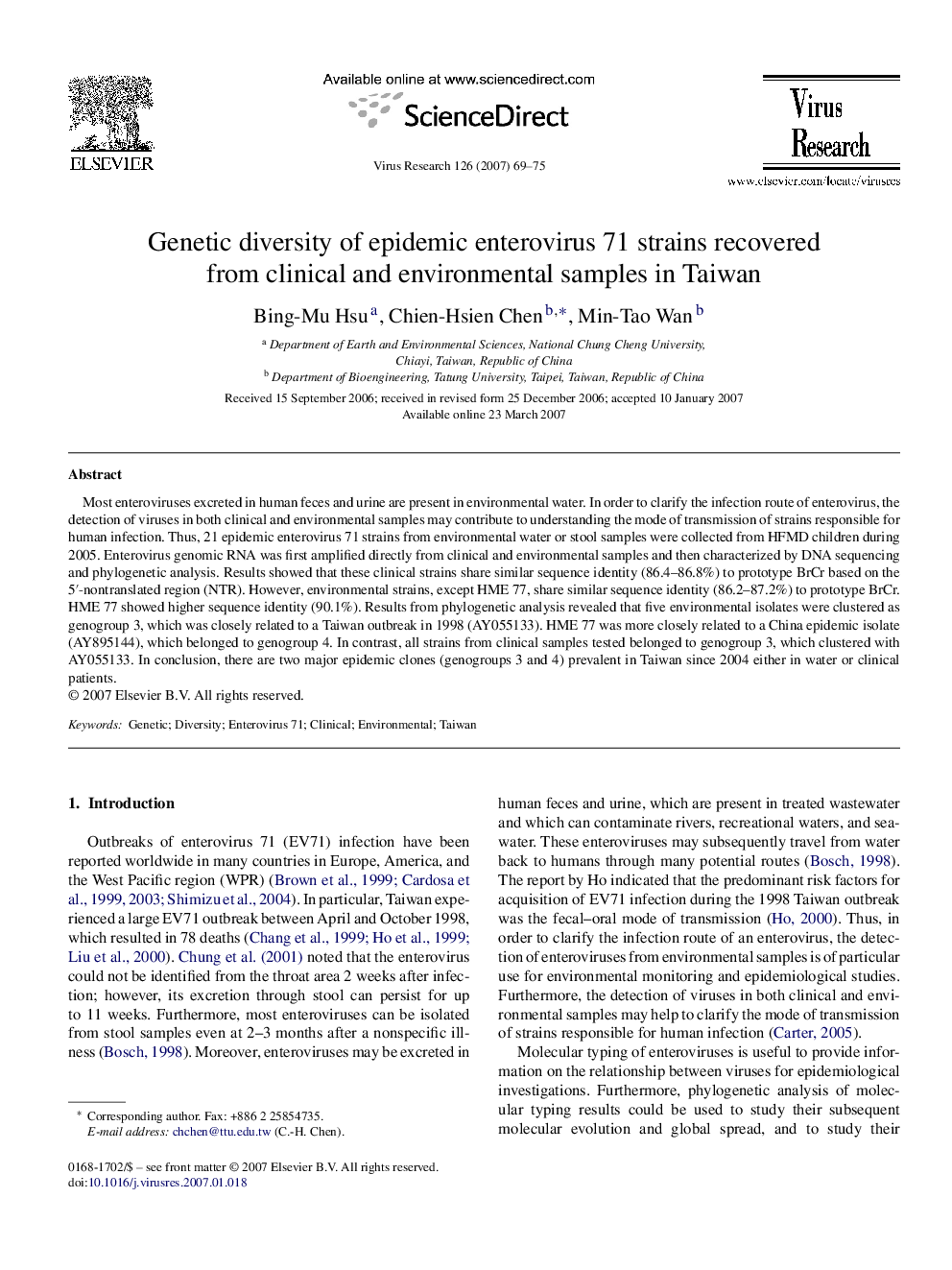 Genetic diversity of epidemic enterovirus 71 strains recovered from clinical and environmental samples in Taiwan