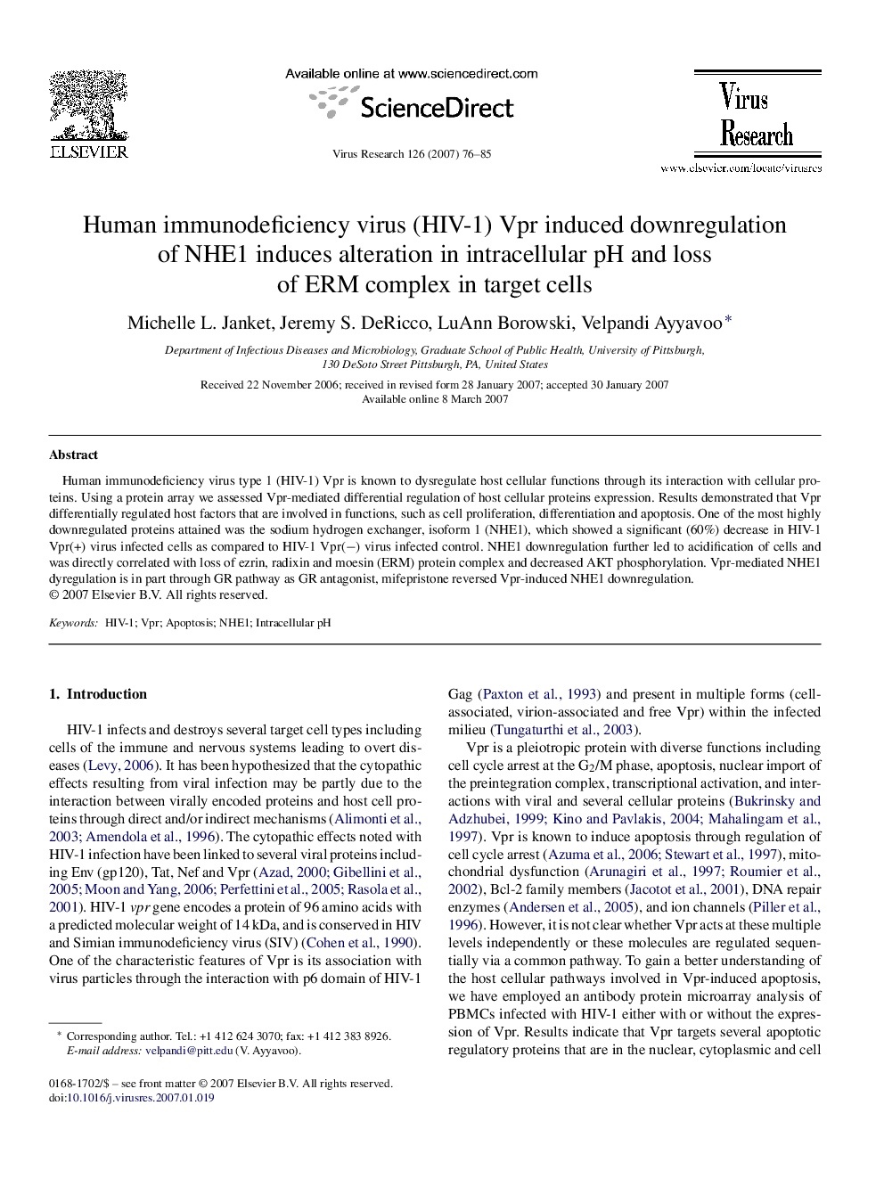 Human immunodeficiency virus (HIV-1) Vpr induced downregulation of NHE1 induces alteration in intracellular pH and loss of ERM complex in target cells