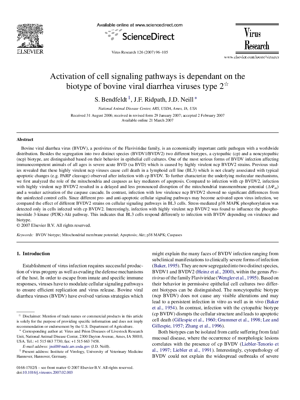 Activation of cell signaling pathways is dependant on the biotype of bovine viral diarrhea viruses type 2 