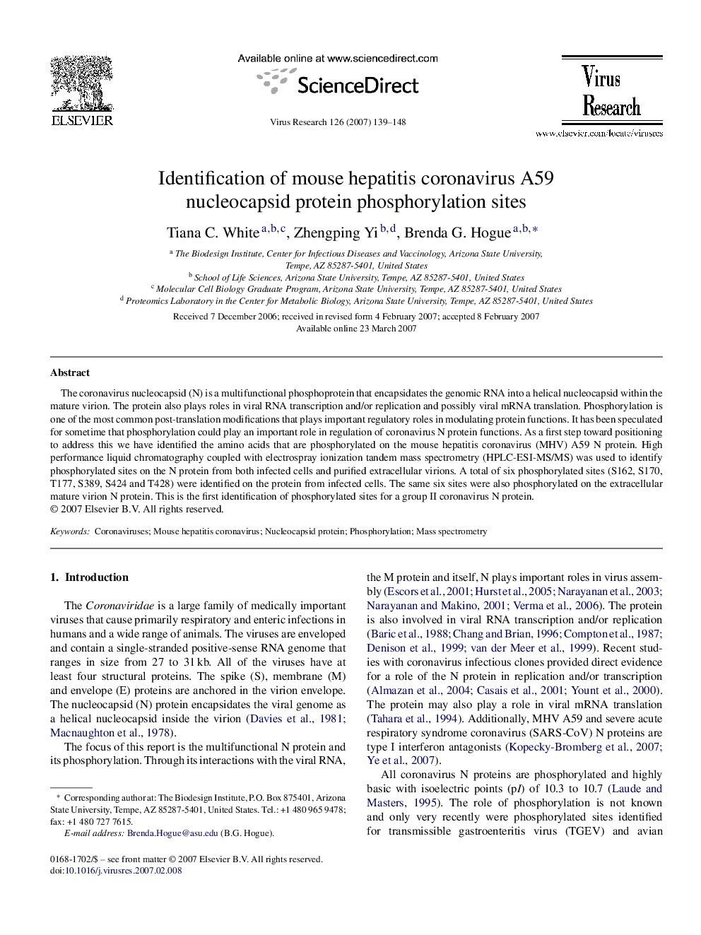 Identification of mouse hepatitis coronavirus A59 nucleocapsid protein phosphorylation sites