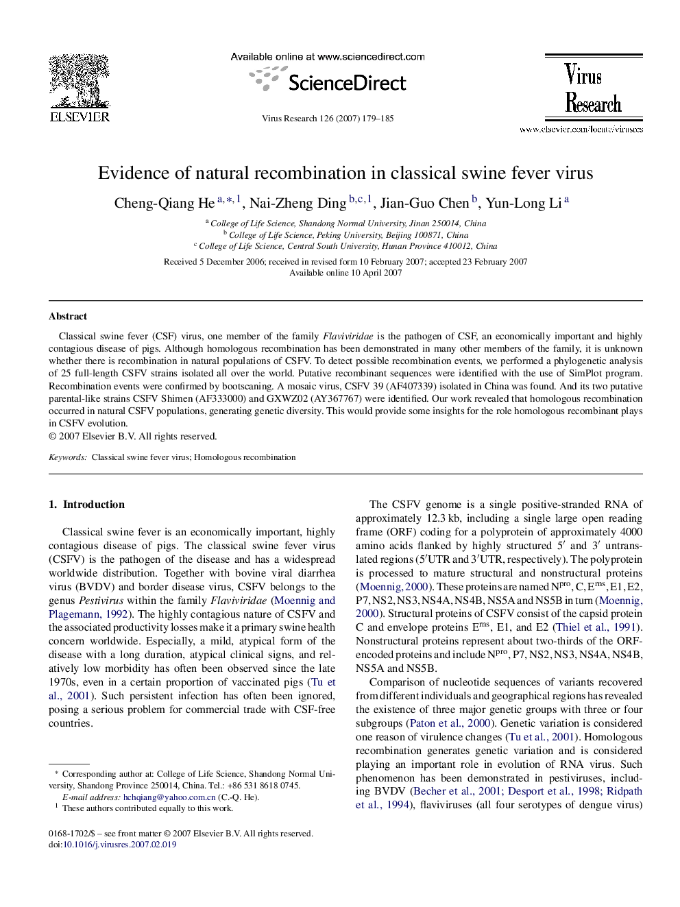 Evidence of natural recombination in classical swine fever virus